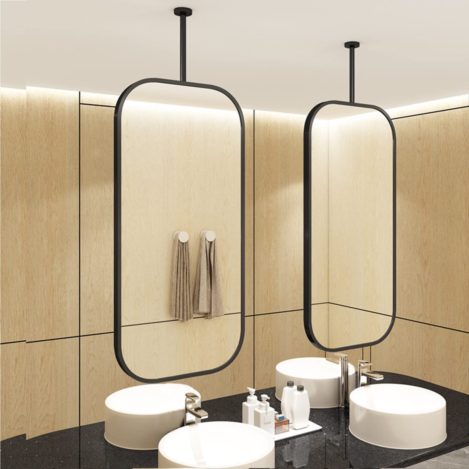 Hanging Rod Mirror 40cmx70cm 50cmx70cm Moderne plafond gemonteerde spiegel voor badkamer wasruimte woonkamer ingang boerderij decoratieve spiegel, zwart (Size : 50cmx70cm