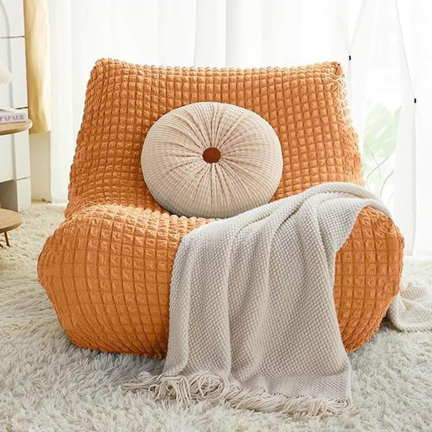 TANGHULU Stretch Fireside Chair Cover, Armless Chaise Lounge Slipcover Lazy Floor Couch Furniture Protector Bean Bag Cover with Elastic Bottom for Living Room Bedroom(Orange)