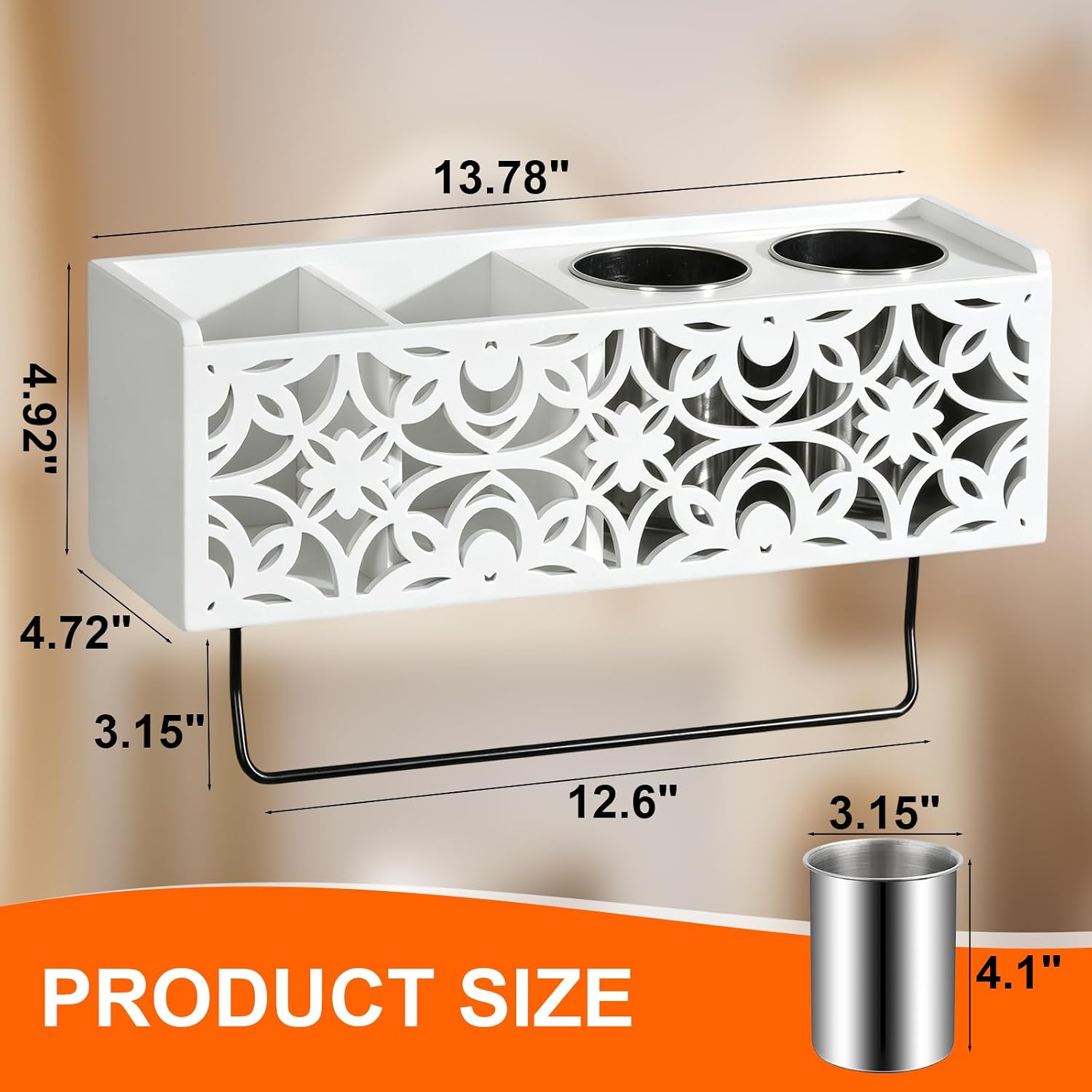 Hair Dryer Holder Wall Mounted with Stainless Steel Cups and Towel Bar