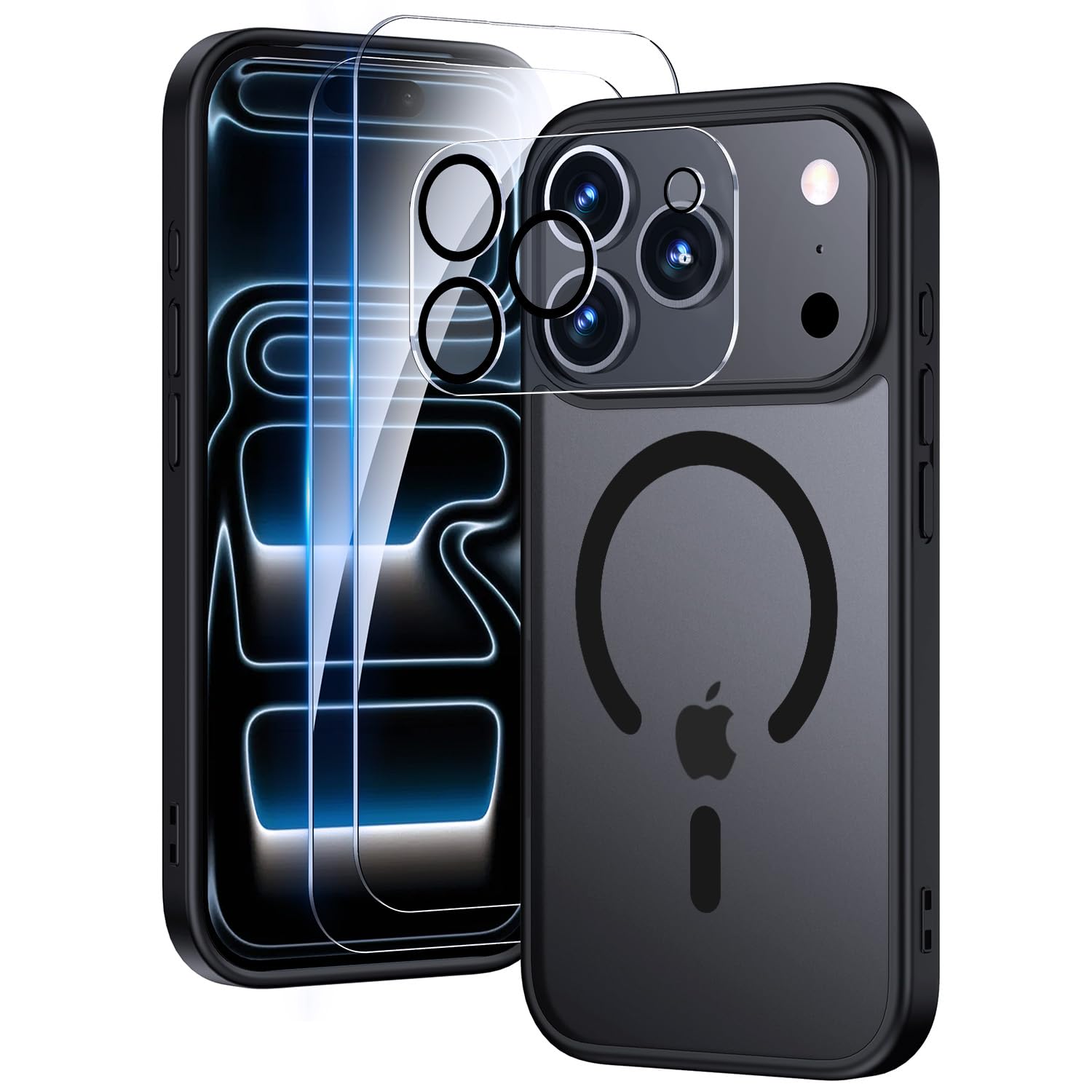 Yohii Cover per iPhone 17 Pro Max Magnetica con 2 Vetro Temperato, Protezione Fotocamera, Compatibile Con Mag-Safe, Traslucido Opaco Retro Sottile Antiurto Cellulare Custodia (Nero)