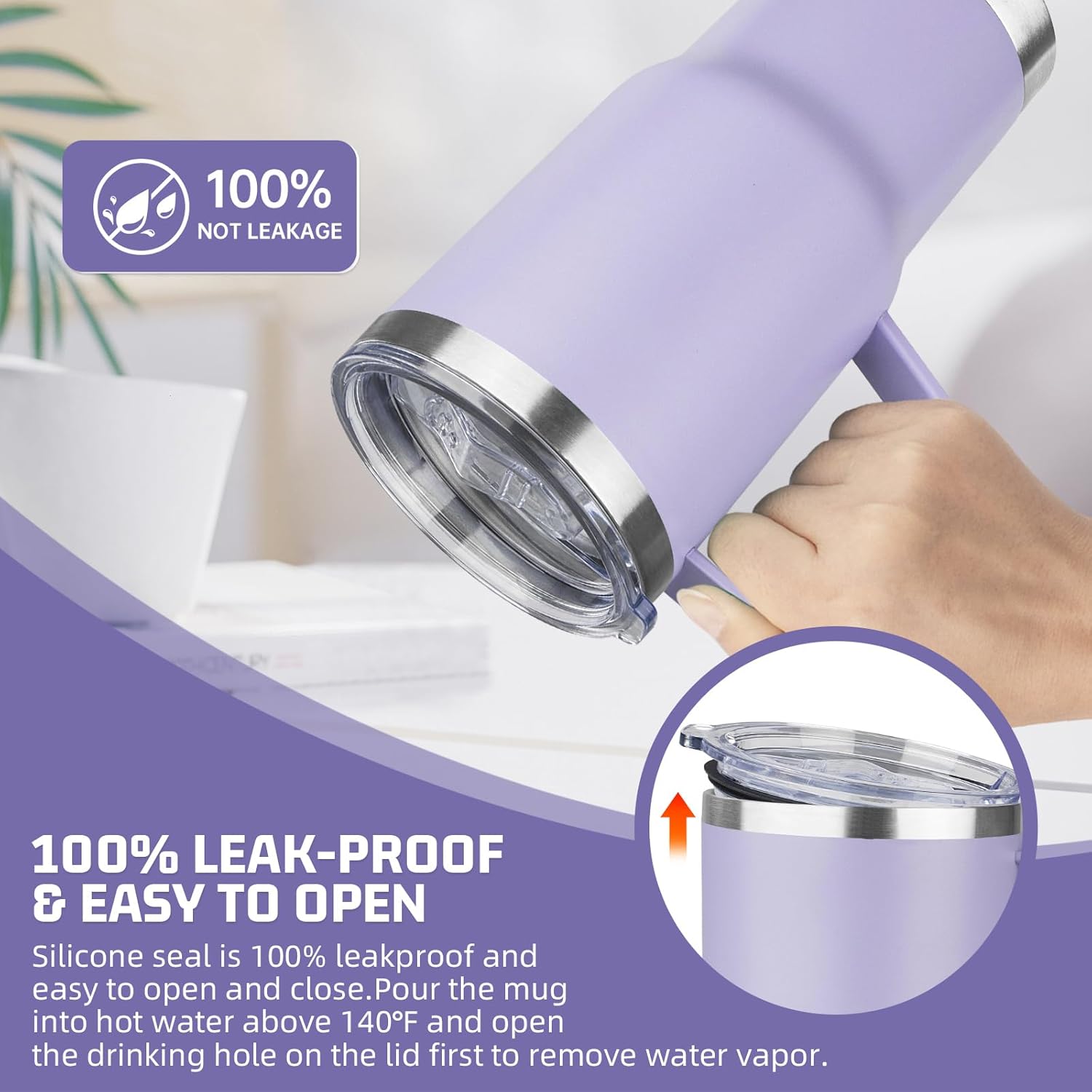 20 oz Tumbler with Handle Stainless Steel Insulated Coffee Mug Tumbler with Lid and Straw Double Wall Vacuum Insulated Coffee Mug Leak Proof Travel Tumbler for Hot and Cold Drink (Pale Purple,1pack) - Image 5