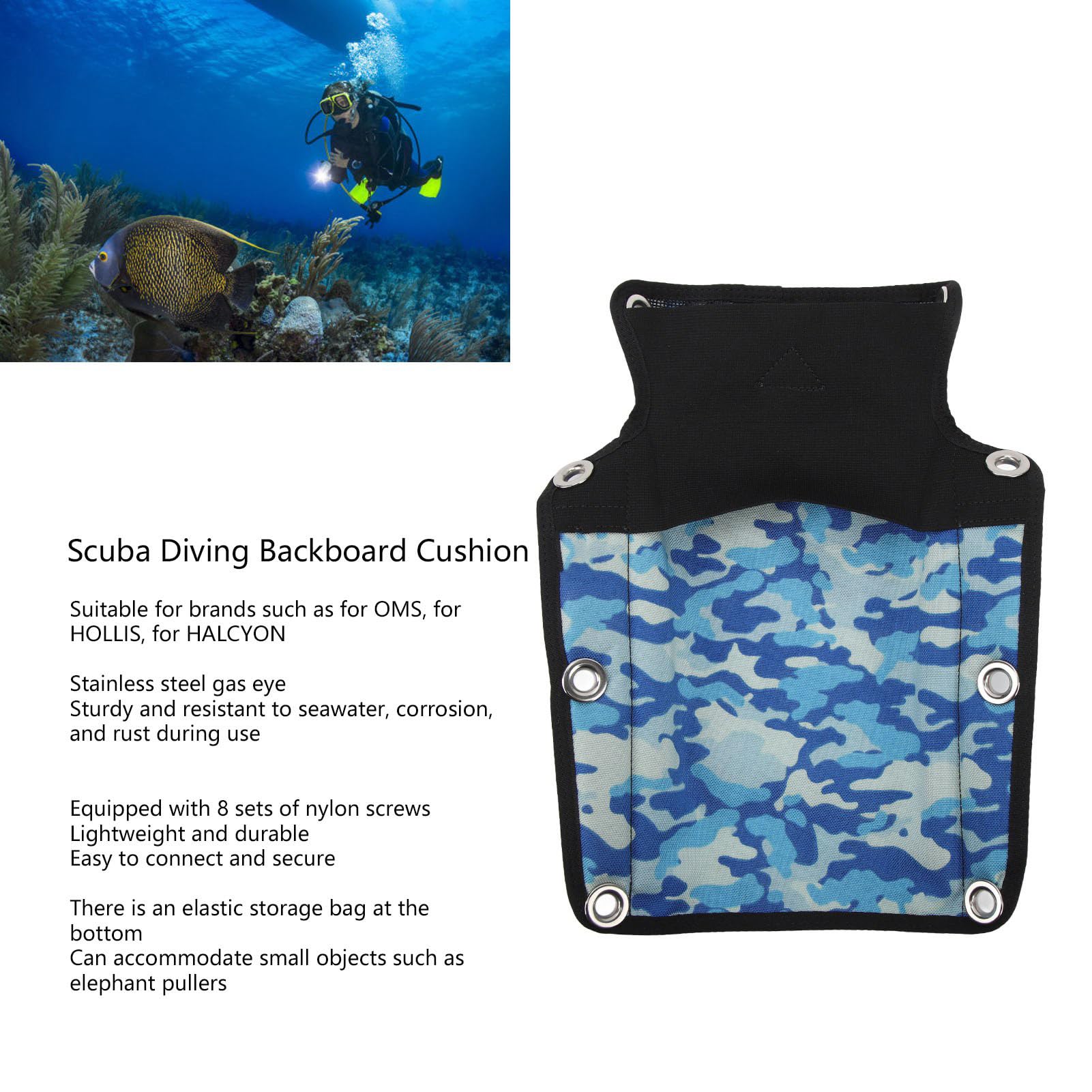 ZIZEV Diving Back Plate, Diving Backboard Cushion Lightweight Bottom Elastic Storage Bag Stainless Steel Gas Eye with Screws for Diver (Camouflage Blue)