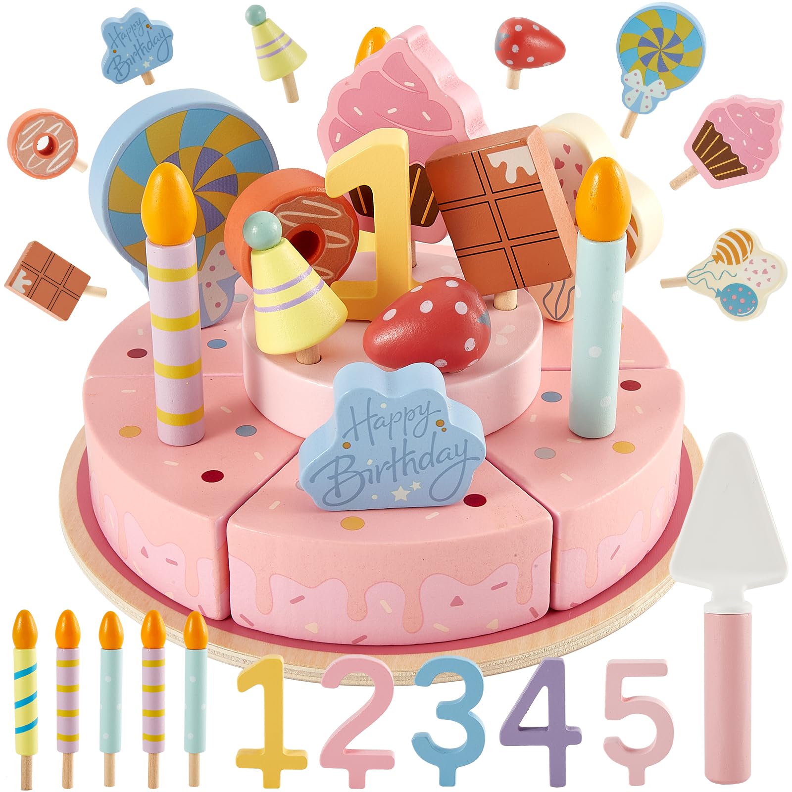 LINFUN KIDS Torta Finta Compleanno Due Piani da Taglio Giocattolo di Legno cui Torta Piatto e Candele, Decorazioni , Set Cucina Cibo Giocattoli Regalo per Bambini 3+