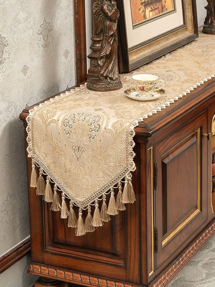 Golden Chenille Jacquard Rectangular Table Runner With Delicate Hand-woven Tassels, Elegant And Stylish Table Decoration For Dining And Coffee Tables(Size:35260cm,Color:Golden yellow)