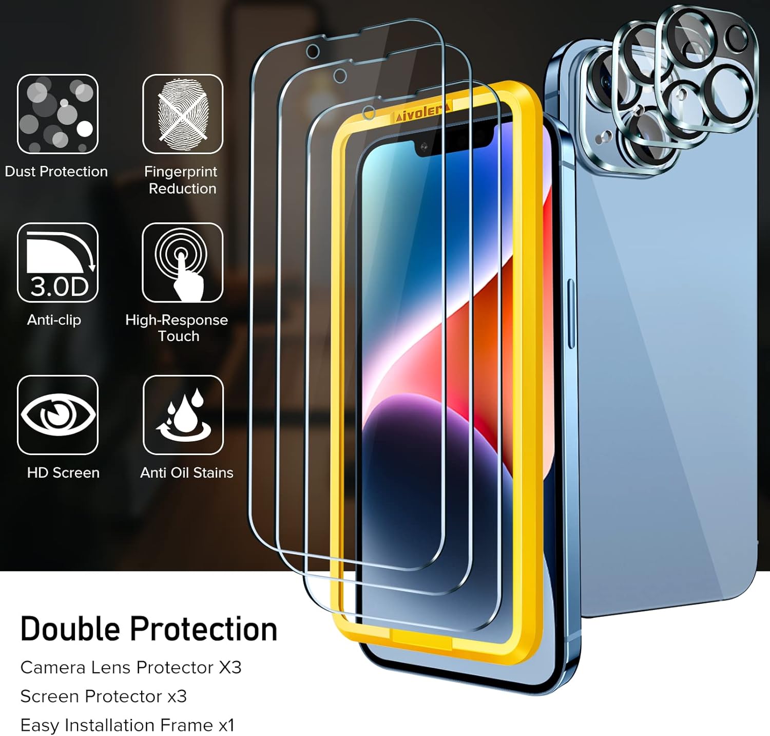 ivoler 3+3 Pack Tempered Glass for iPhone 14 Screen Protector 6.1'' [3 Pack] with [3 Pack] Camera Lens Protector with [Alignment Frame], Anti-Scratch Case Friendly Transparent HD Clear Film - Image 8