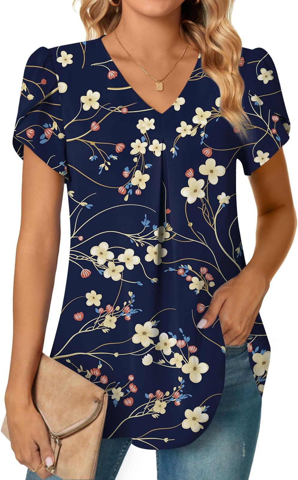 AnyallyWomen's Plus Size Summer Dressy Chiffon Blouses Short Sleeve V Neck Tunic Tops for Leggings Casual T-Shirts