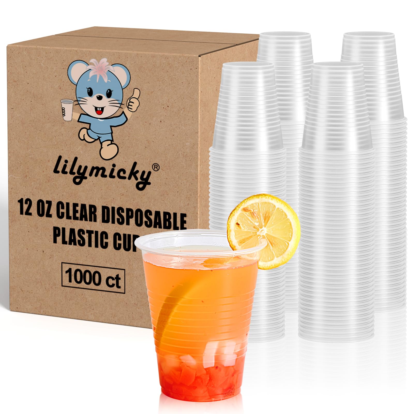 Lilymicky [1000 Pack] 12oz Clear Plastic Cups, Cold Party Drinking Cups, Disposable Plastic Cups for Parties, Picnic, BBQ & Events