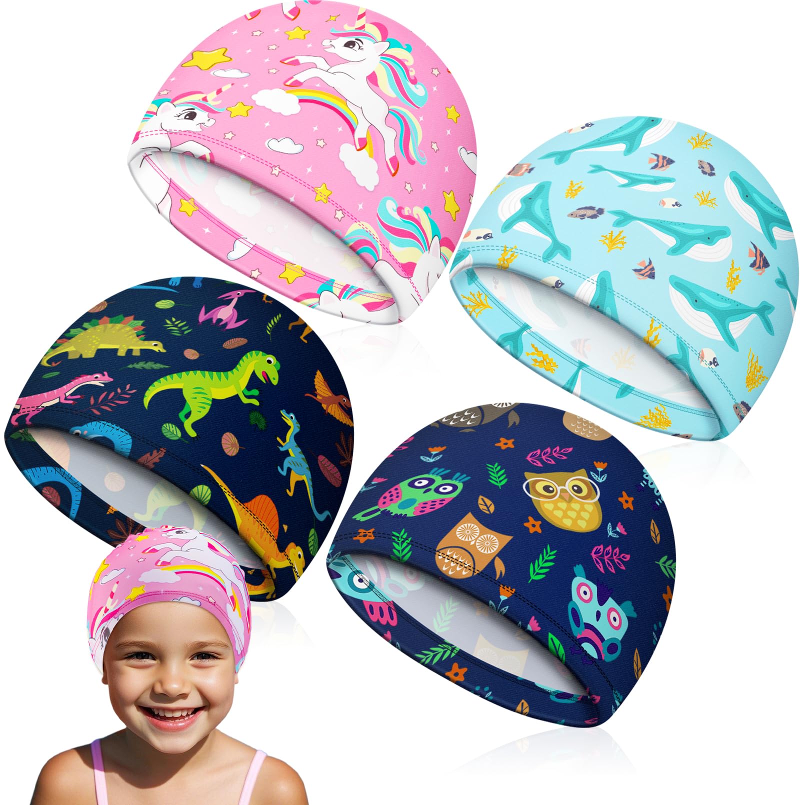 Gabotrie 4 PCS Kids Swim Caps, Cloth Fabric Swimming Caps, Cute Children's Swim Bathing Cap for Long and Short Hair, Swimming Hat Pool Cap for Kids Boys Girls(Whale,Owl,Unicorn,Dinosau)