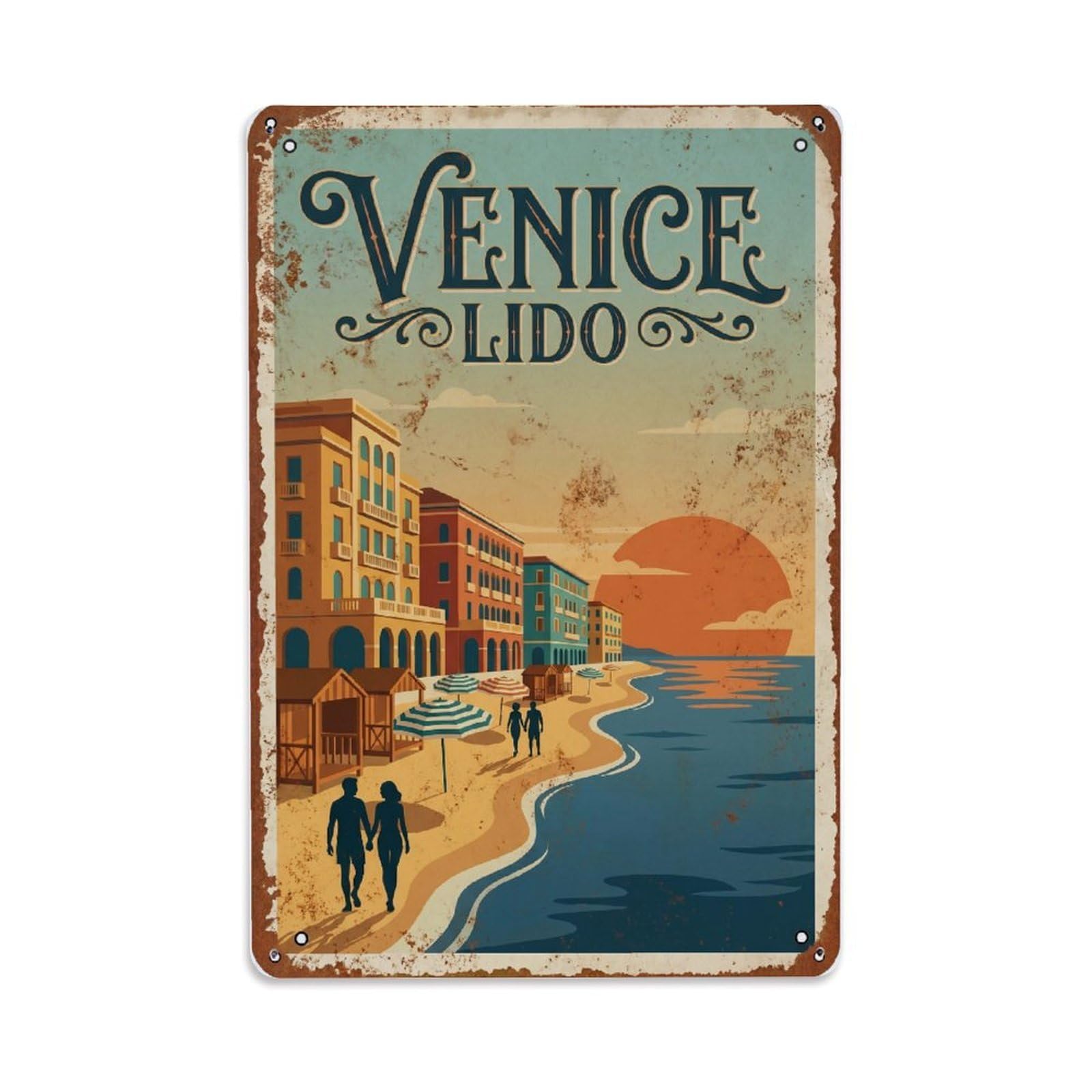 Vintage Travel Venice Lido Beach Seaside Resort Rusted Italy Metal Tin Sign Plaque Wall Decor for Cafe, Club Bar, Office, Home Garden Metal Poster 8x12Inch