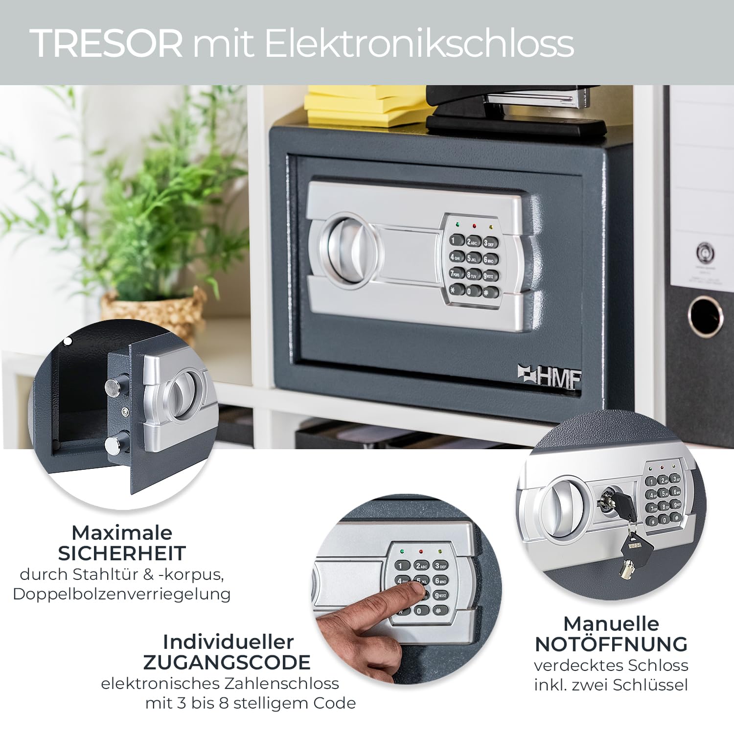 HMF Safe Tresor für Zuhause, Hotel oder Büro, Möbeltresor mit Zahlenschloss für DIN A5 Dokumente | 31 x 20 x 20 cm | Anthrazit