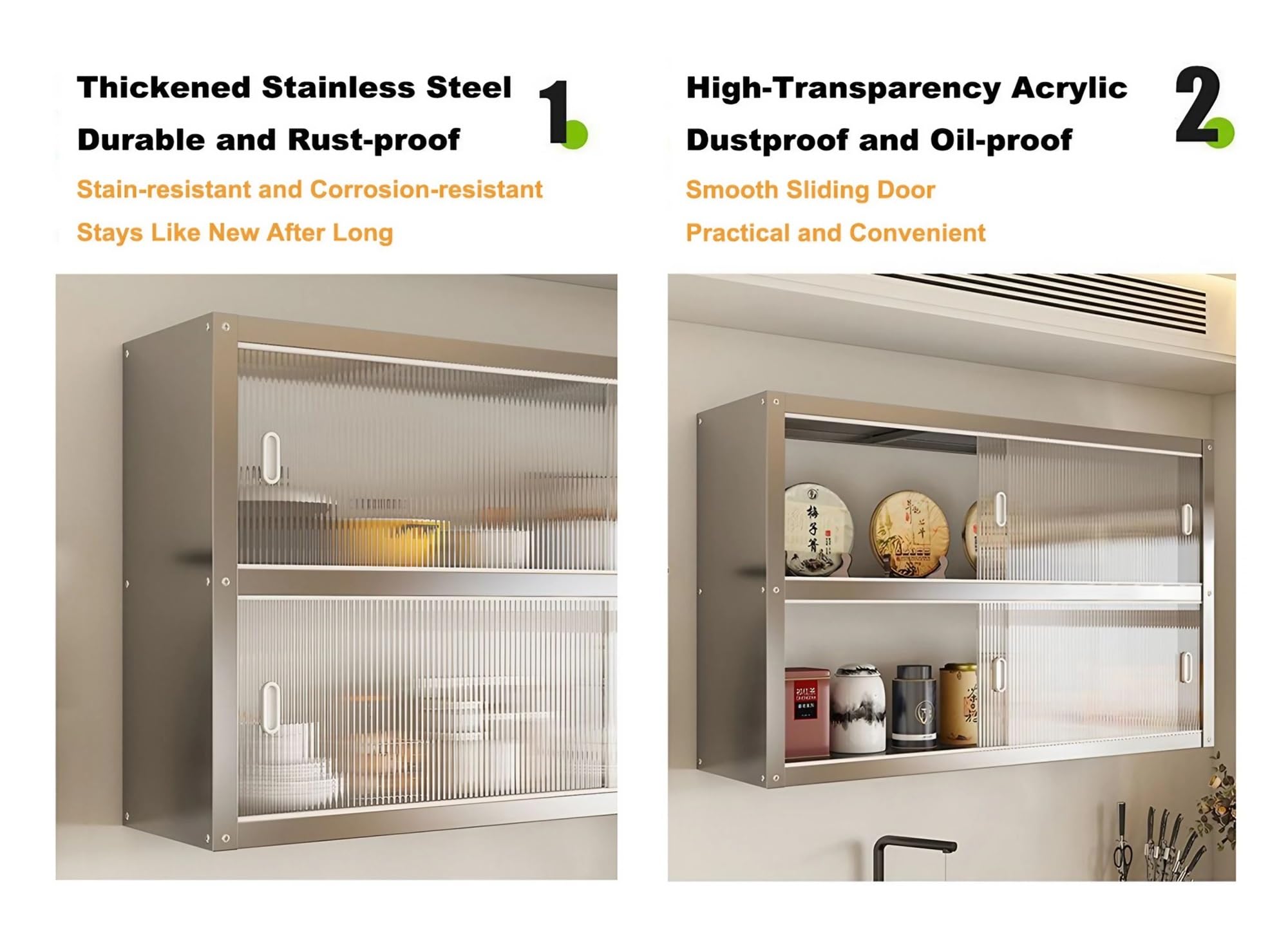 Armadietto da Parete Cucina in Acciaio Inox con Ante Scorrevoli, Pensile Cucina Sospeso, Armadio Murale Mobile Credenza per Bagno Ufficio(120x30x70CM)