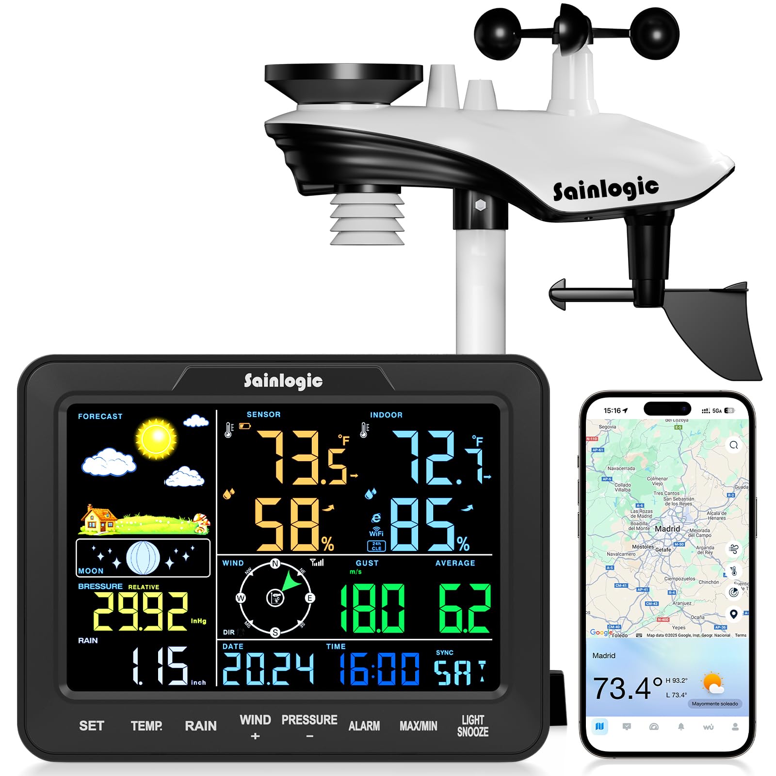 Sainlogic Estación Meteorológica Inteligente WiFi, Pronóstico Meteo IA 24/7 Weatherseed®, Alarma App/Correo Electrónico, Anemómetro y Pluviómetro Digitales, Almacenamiento de Datos de 2 Años