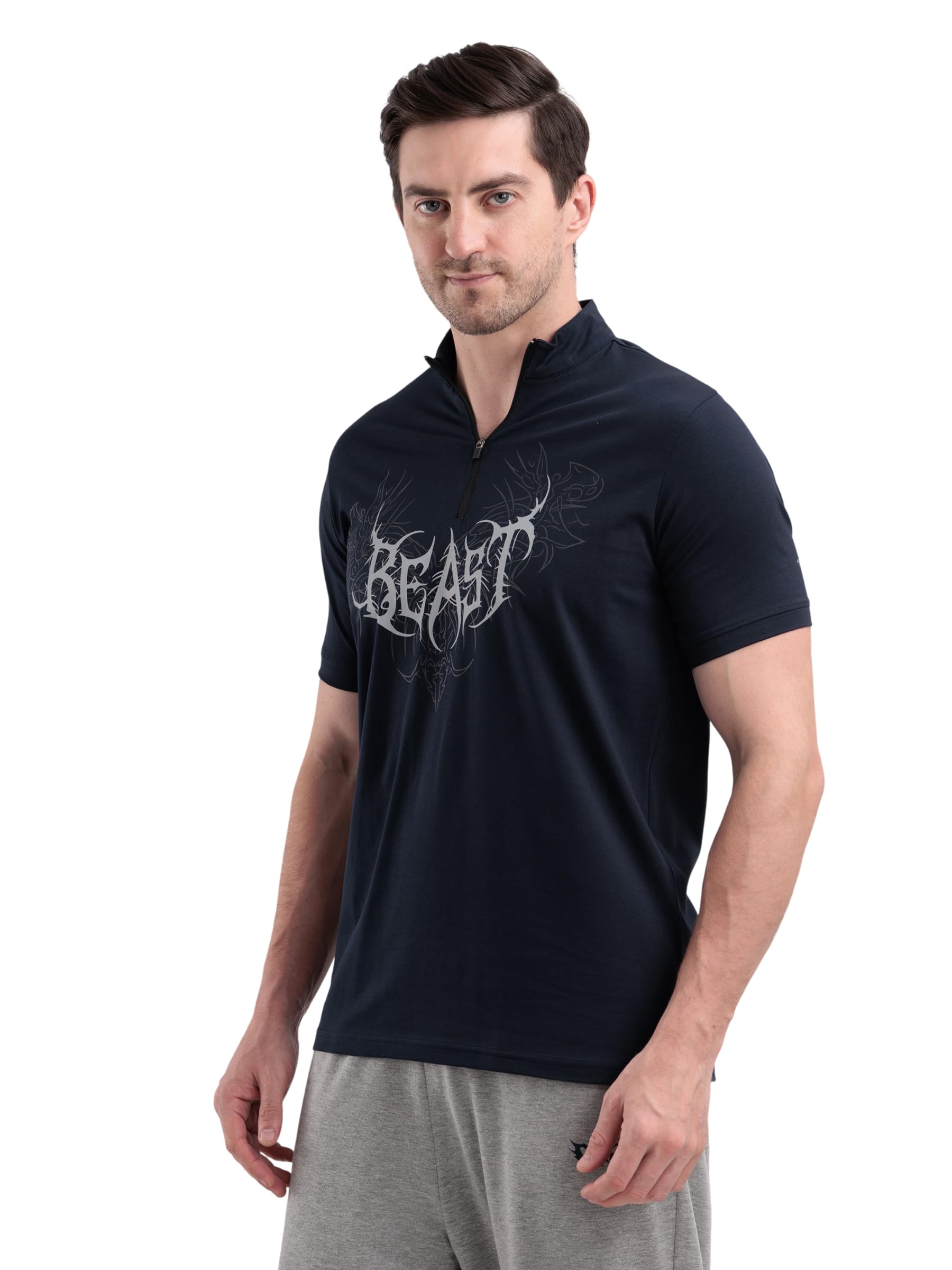 Quarter Zip Beast Mode Gym T Shirt for Men Workout | Cotton Pique Blend Half Sleeves Henley Collar Printed Sport T Shirts for Man-image-45