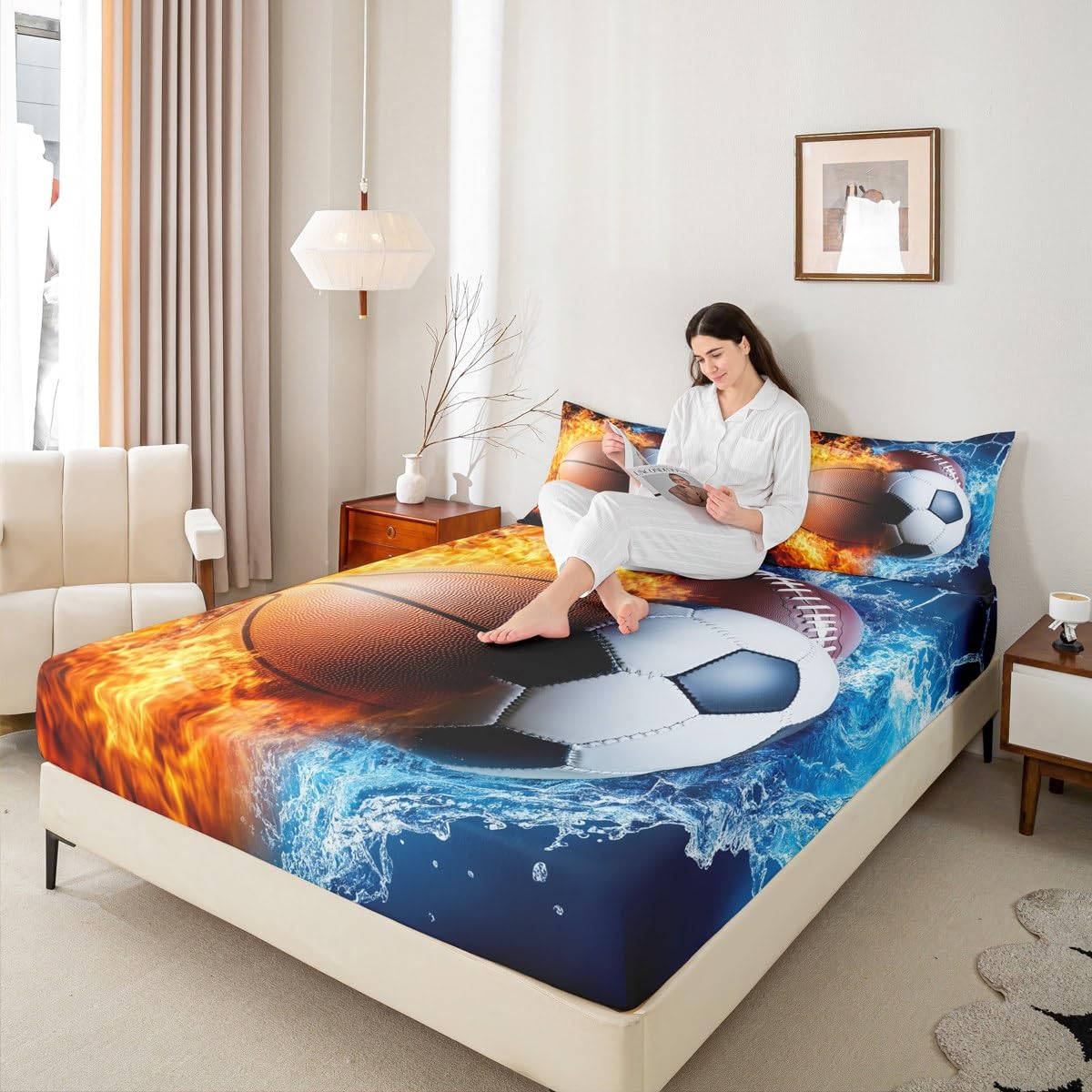Soccer Bed Sheets Kids Boys Basketball Fitted Sheet Full,Sports Themed Sheets,Red and Blue Bed Set,for Teens Adults Sport Room Decor