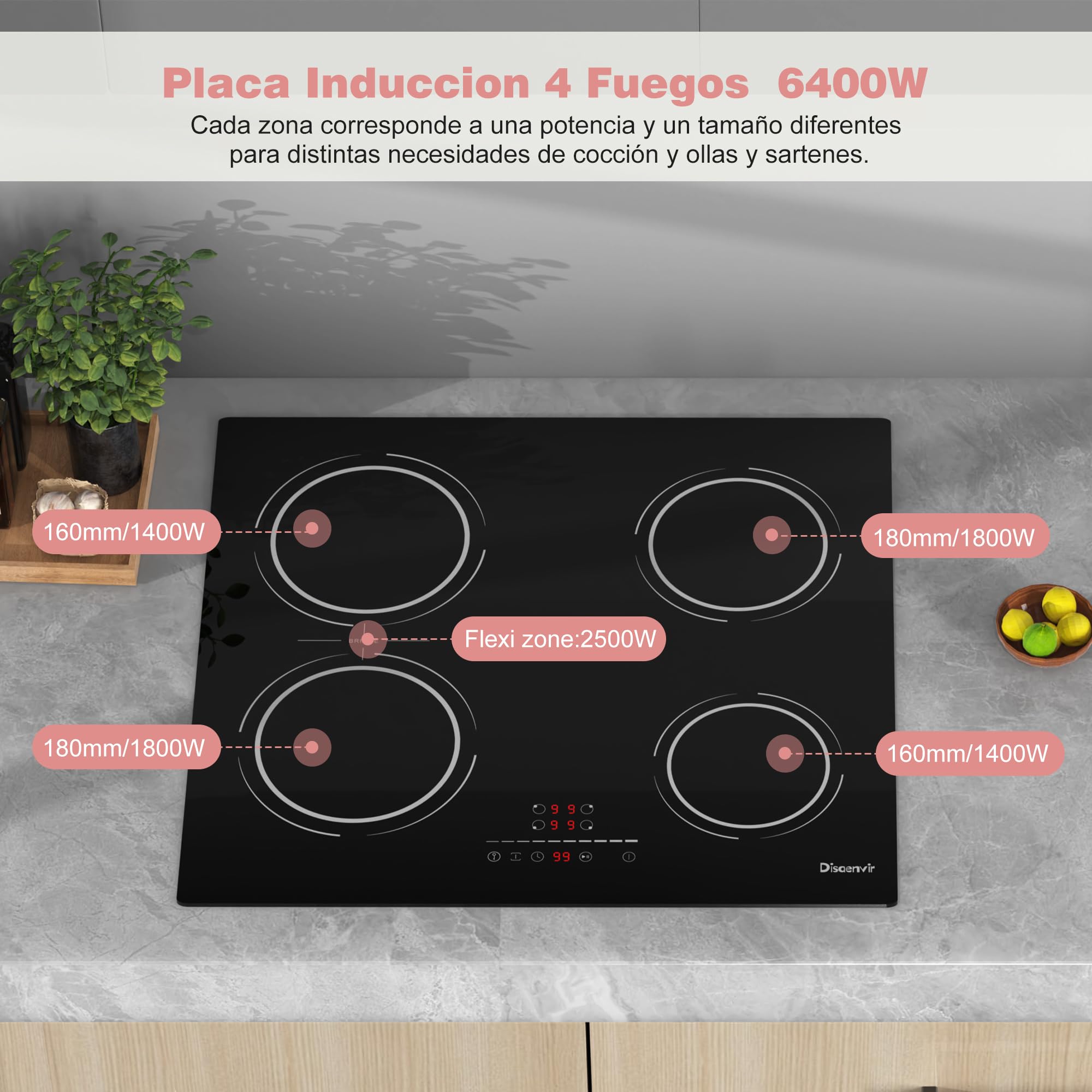 Placa Induccion 4 Fuegos 6400W, Placa de Inducción Integrada 4 Placas, Vitroceramica Induccion Flexible Zone, Función de Pausa, 9 Nivels, con Temporizador, Cerradura Infantil | Booster - Interruptor de seguridad para niños, temporizador, función de pausa,