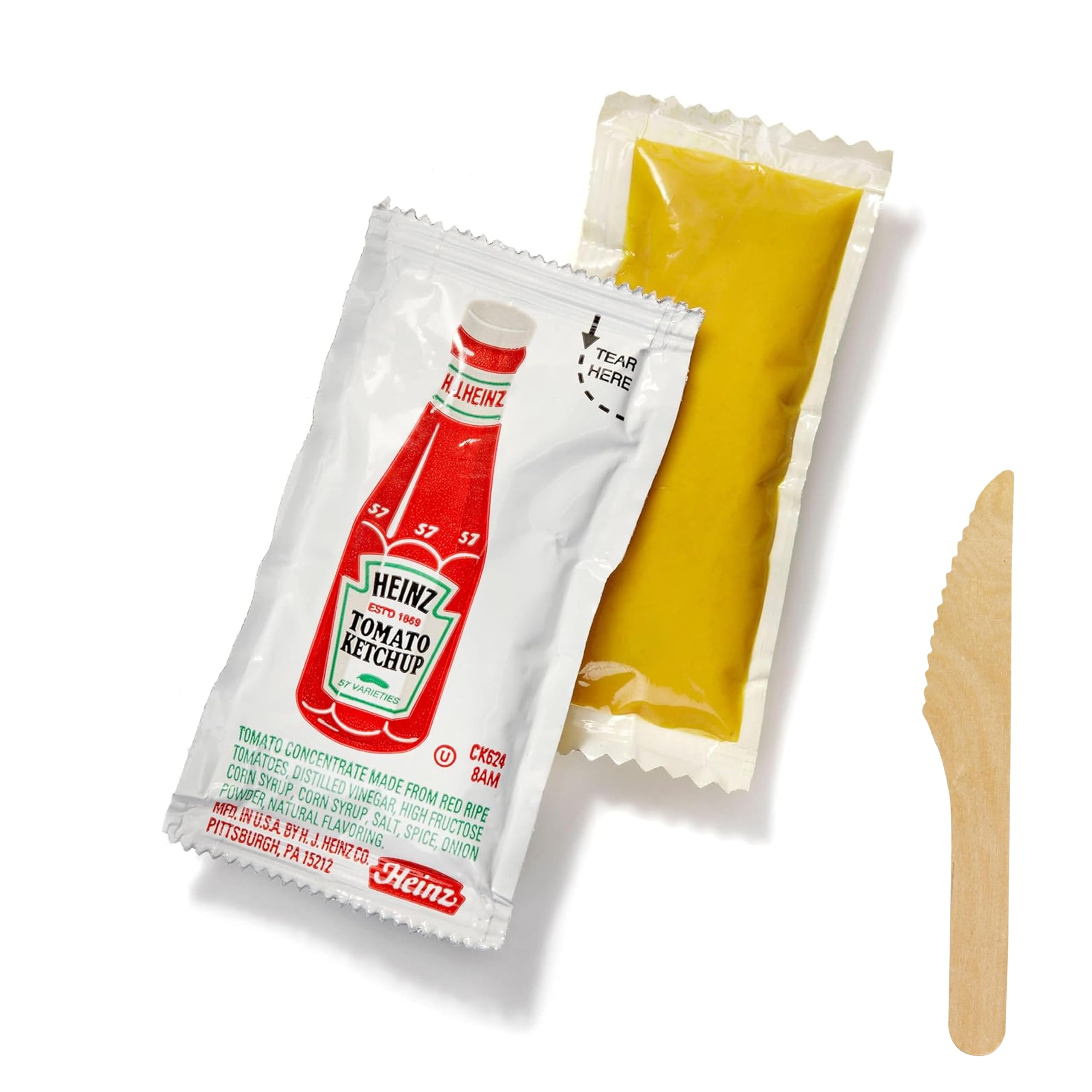Concession Essentials Lot de 200 paquets de ketchup et de moutarde, 100 de chaque saveur, 5,7 à 8,5 g avec 5 épandeurs en bois