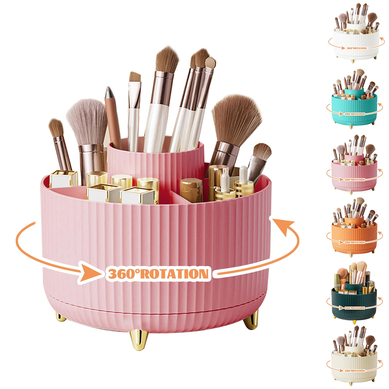 360° Drehbar Make up Organizer, Pinselhalter Kosmetik Aufbewahrung mit 5 Fächern, Aesthetic Schminktisch Organizers für Zimmer Decor Frisiertisch, Schlafzimmer,Badezimmer Organisation (Pink)