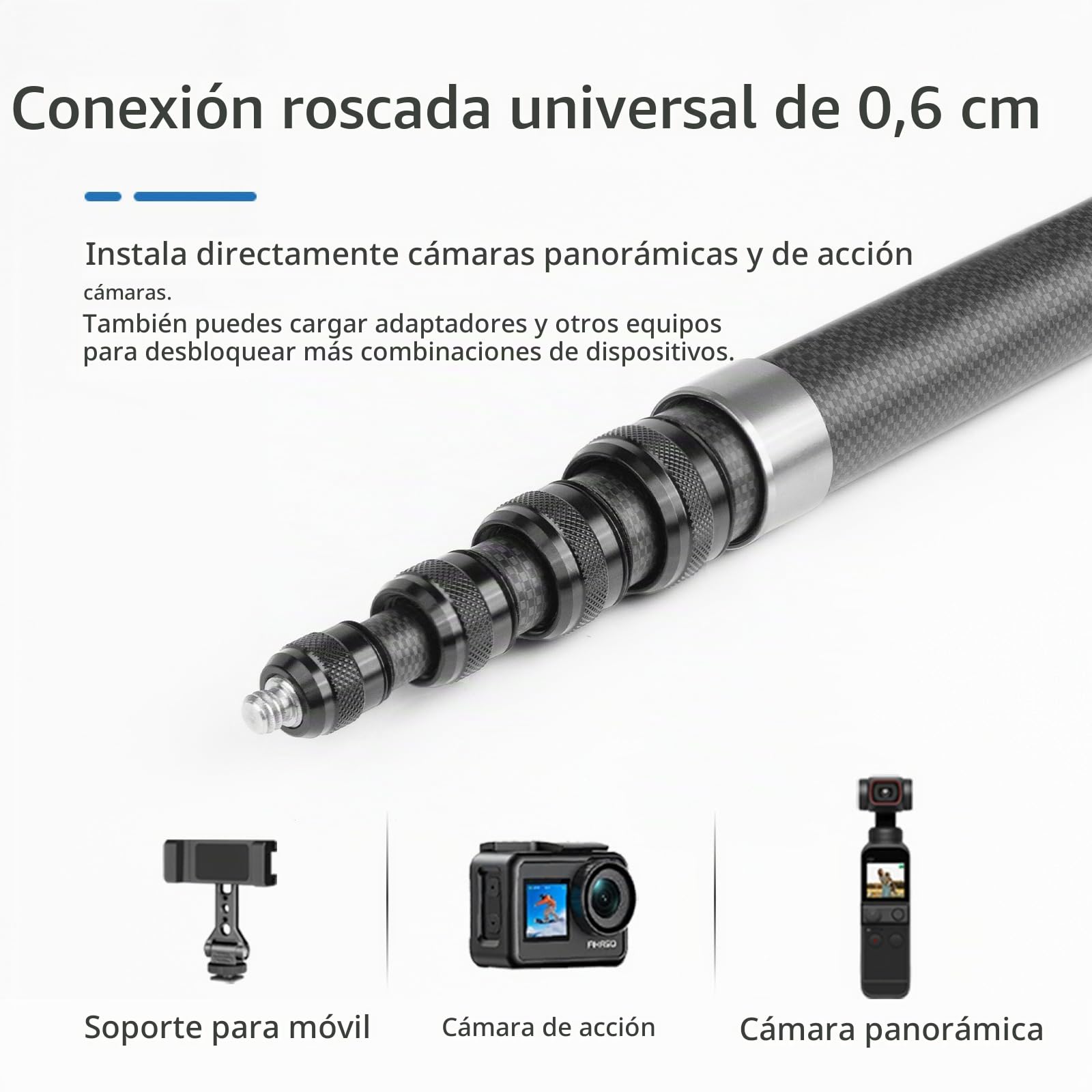 Selfie Stick, Palo Selfie Invisible 3m, Palo para Selfies de Fibra de Carbono, Cámara de Movimiento Selfie Stick, para Insta360 X3/X5/ONE RS/GO 2, Incluye Funda de Transporte (Plateado)