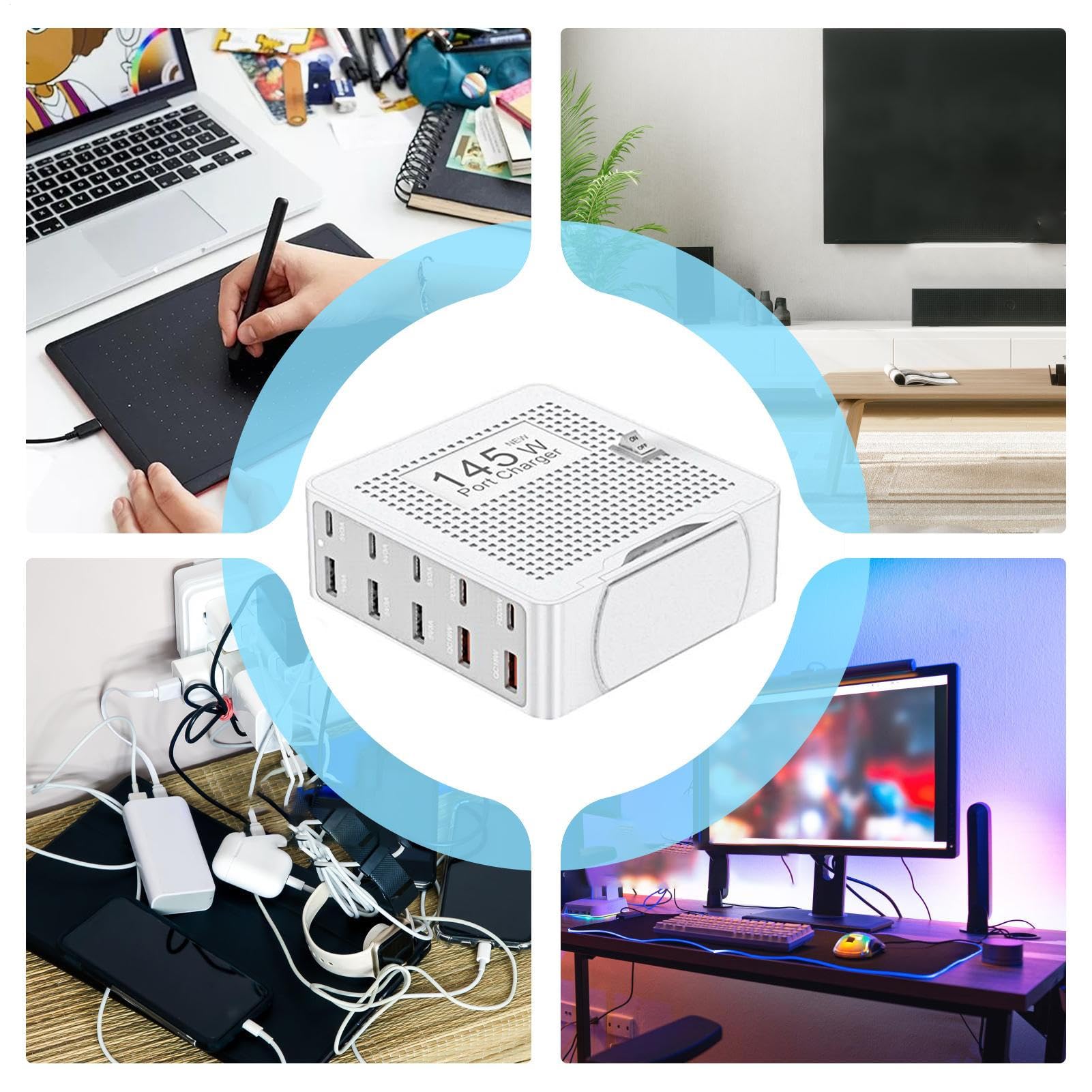 Cargador USB C Adaptador De Carga Rápida De 10 Puertos Para Portátil | Estación de Carga Rápida de 10 Puertos Para Auriculares, Tableta, Ordenador Portátil, Teléfono, Escritorio, Hogar, Viaje y