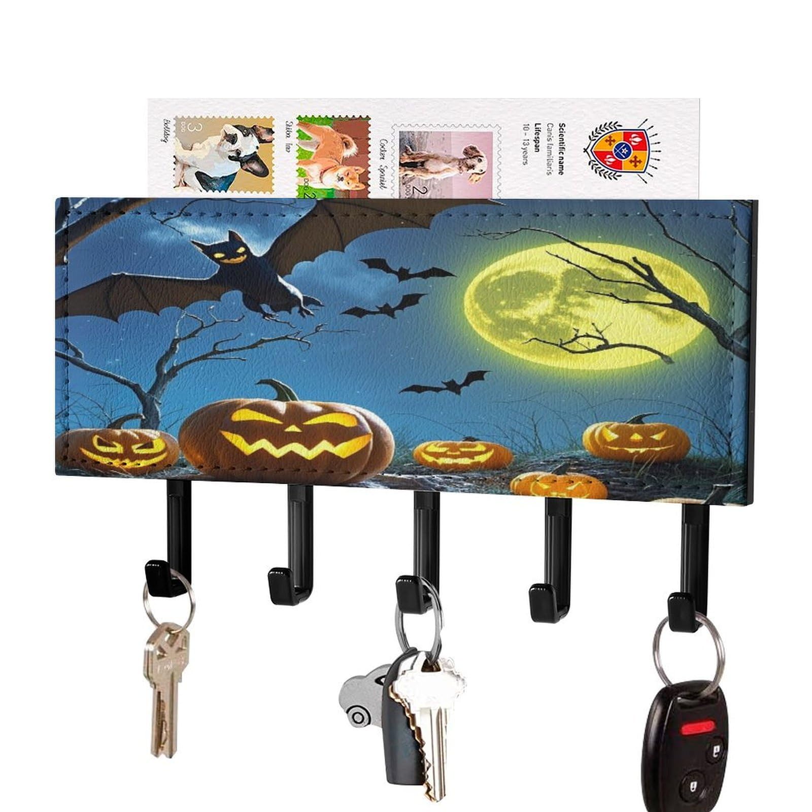 Fekiloot Black-Style Bats And Pumpkins Key Holder Wall Mount Key And Mail Holder Key Hanger With 5 Hooks Decorative Pu Key Rack Hanging Key Hooks For Wall Living Room Kitchen Bathroom Hallway