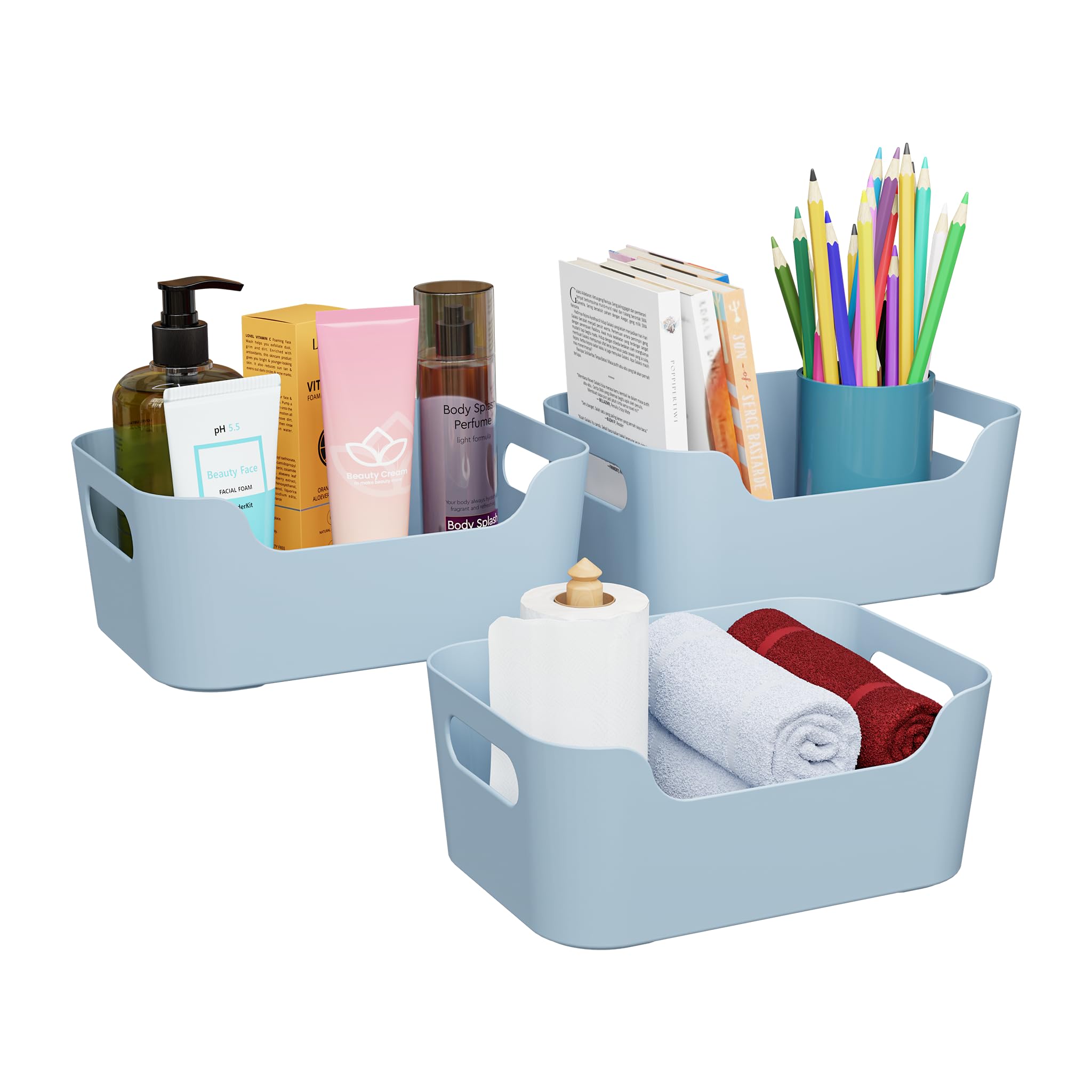 TEX-RO Storage Box and Organiser | Storage Organiser | Organizer Storage Box for Home & Kitchen | Durable Storage Basket & Plastic Basket for Storage (Pack of 3, Sky)