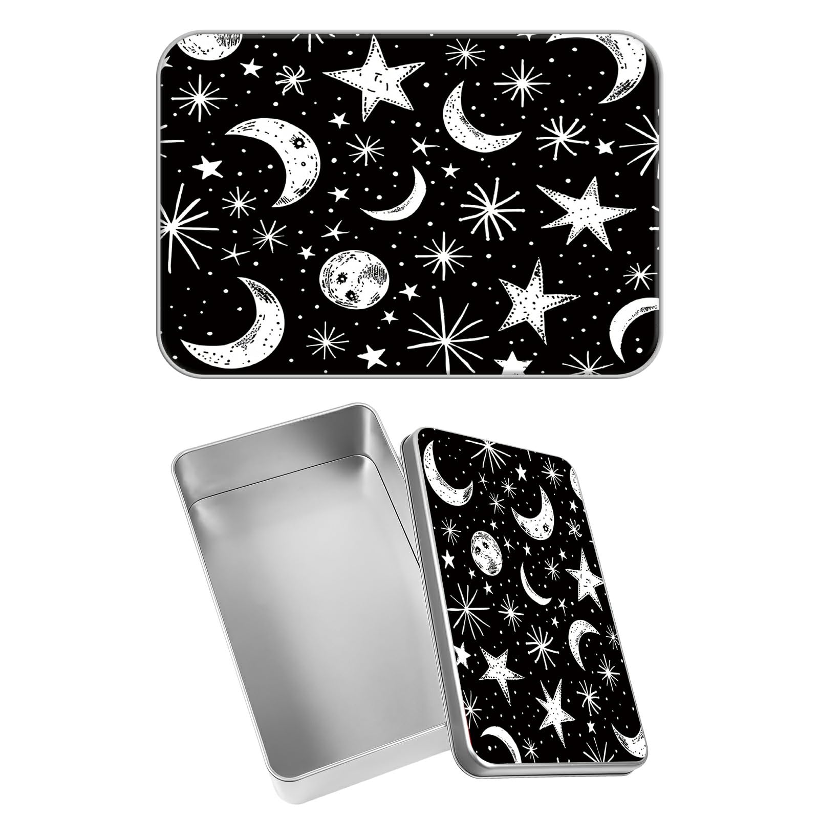 Rectangular Metal Tin Box with Removable Lid, Moon Stars Decorative Printed Metal Storage Container for Jewelry Pen Eraser Pill Candy Craft 4.9 x 3.54 x 1.57 inch– Single Pack