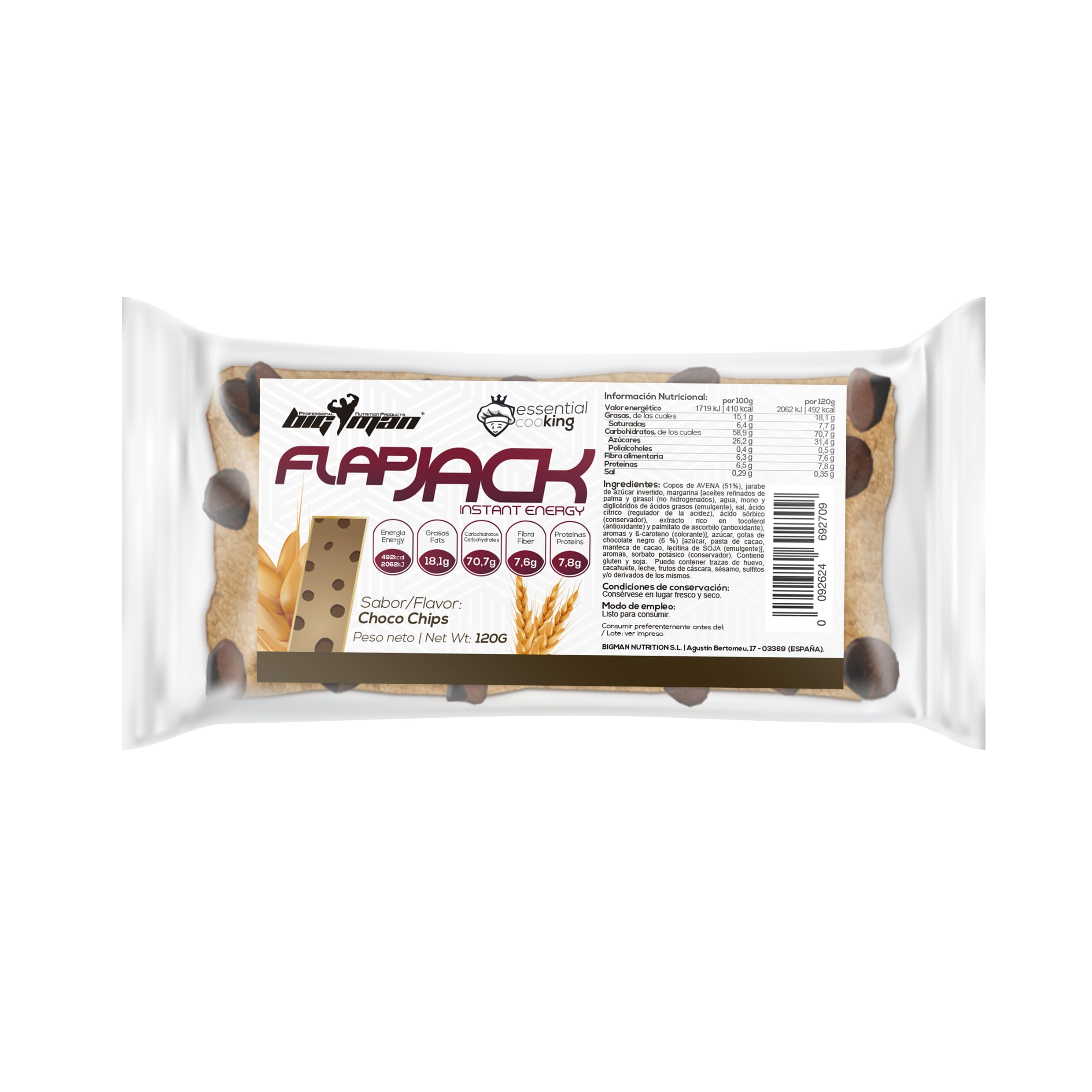 BigMan | FlapJack 12 Unidades 120g | Barritas de Avena Natural | Barrita de Alta Carga de Carbohidratos | Extra de Calorias Deporte Resistencia (Chocho Chips)