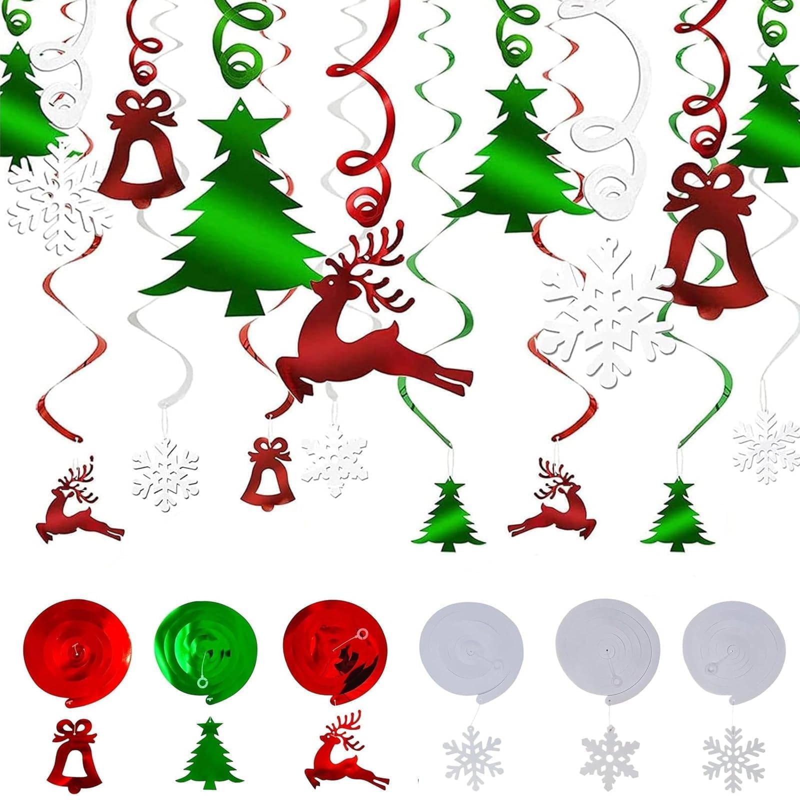 Nooynoeo Red, Green 30Pcs Christmas Ceiling Decorations, Christmas Hanging Swirls Decorations, Christma Decor Hanging Swirls For Indoor, Christmastree, Bell, Reindeer, Snowflake
