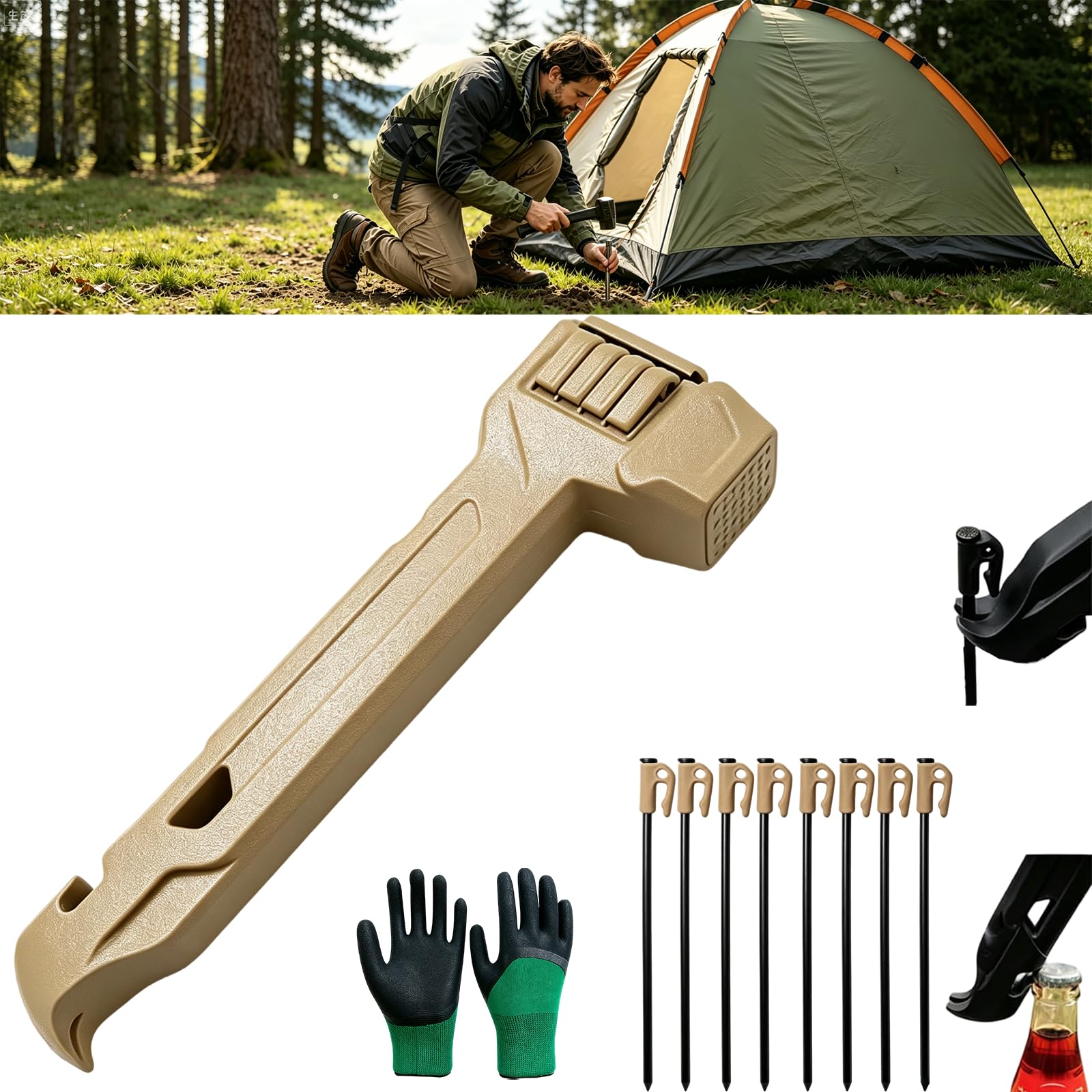 Camping Hammer with 8 Pegs, Heavy-Duty Camping Mallet for Tent Stakes with Peg Puller, Bottle Opener, Storage Handle &amp; Textured Striking Head for Hiking Backpacking (Khaki)