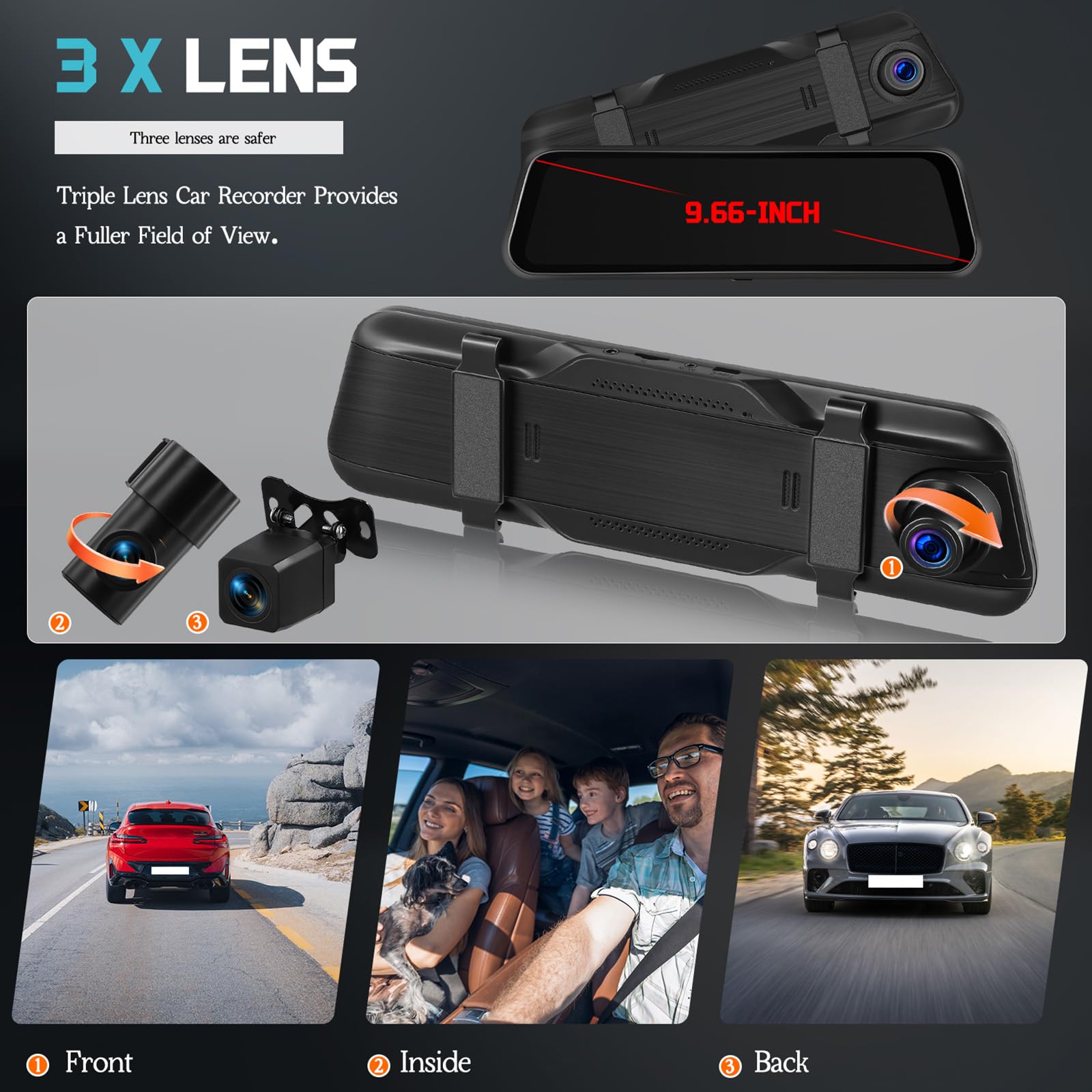 CAMECHO 9.66 Pollici 2K Mirror Dashcam Auto con 2 Telecamere 1080P, Anteriore 150° e Posteriore Dash Cam 120° con Linea inversa, Visione Notturna, Sensore G, Scheda da 64 GB WIFI APP