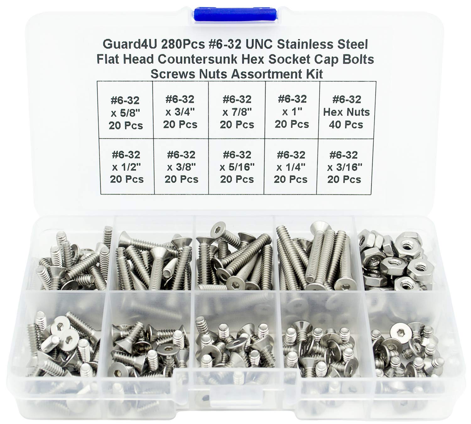 Juego de 220 tornillos de cabeza plana de acero inoxidable #6-32 UNC con cabeza plana avellanada hexagonal, tornillos surtidos, #6-32 x 3/16" 1/4" 5/16" 3/8" 1/2" 5/8" 3/4" 7/8" cm 2,5 cm cm