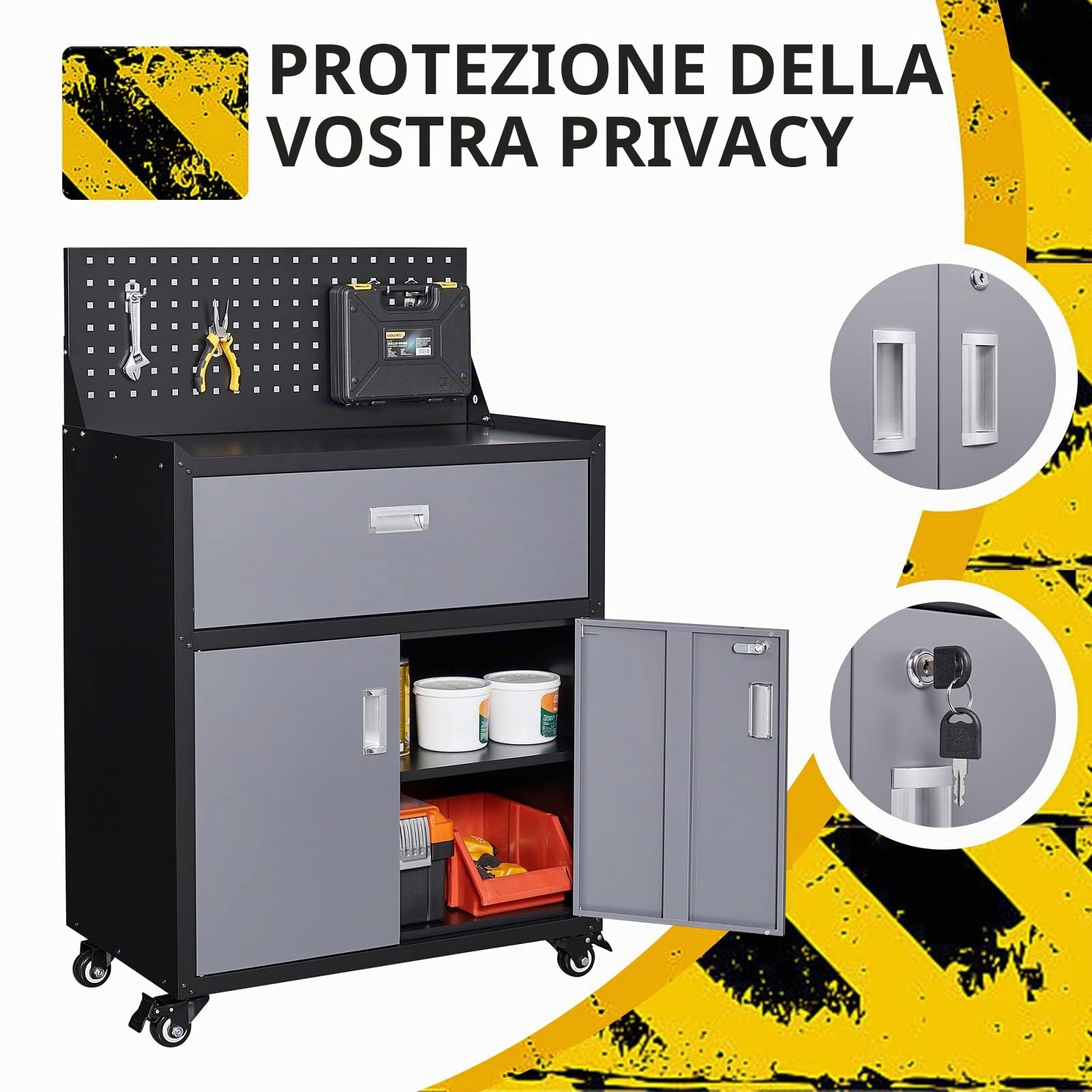 Sightlife Armadietto per attrezzi con ruote 1 cassetto 2 porte con serratura