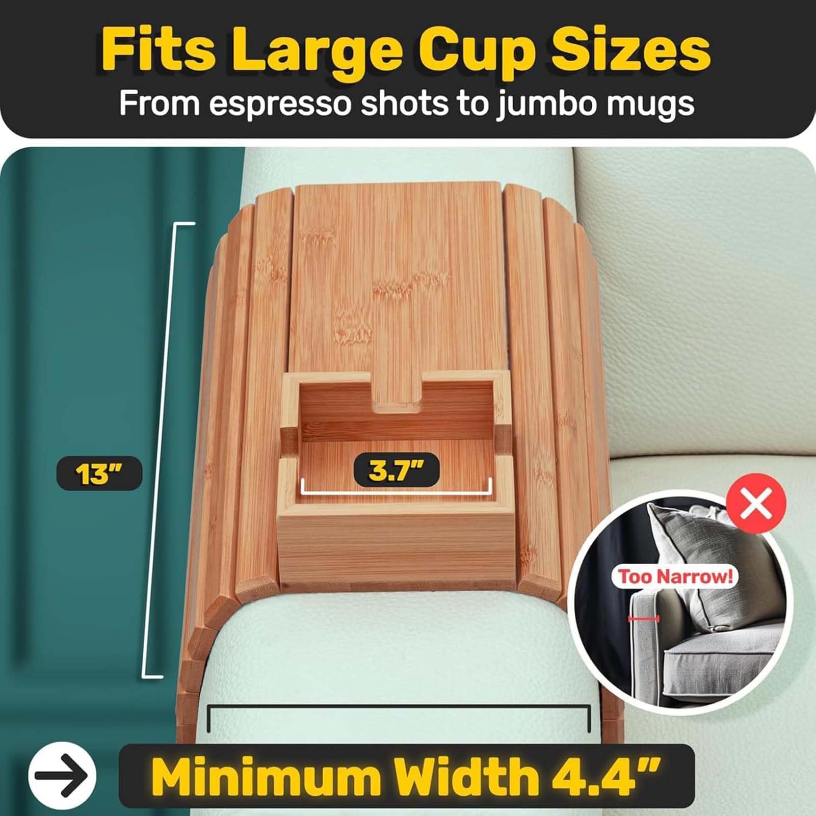 Soporte para tazas y bandeja para brazos, accesorio de sofá de madera antideslizante 2 en 1 para aperitivos, mandos a distancia, teléfono celular, perfecto compañero de sofá