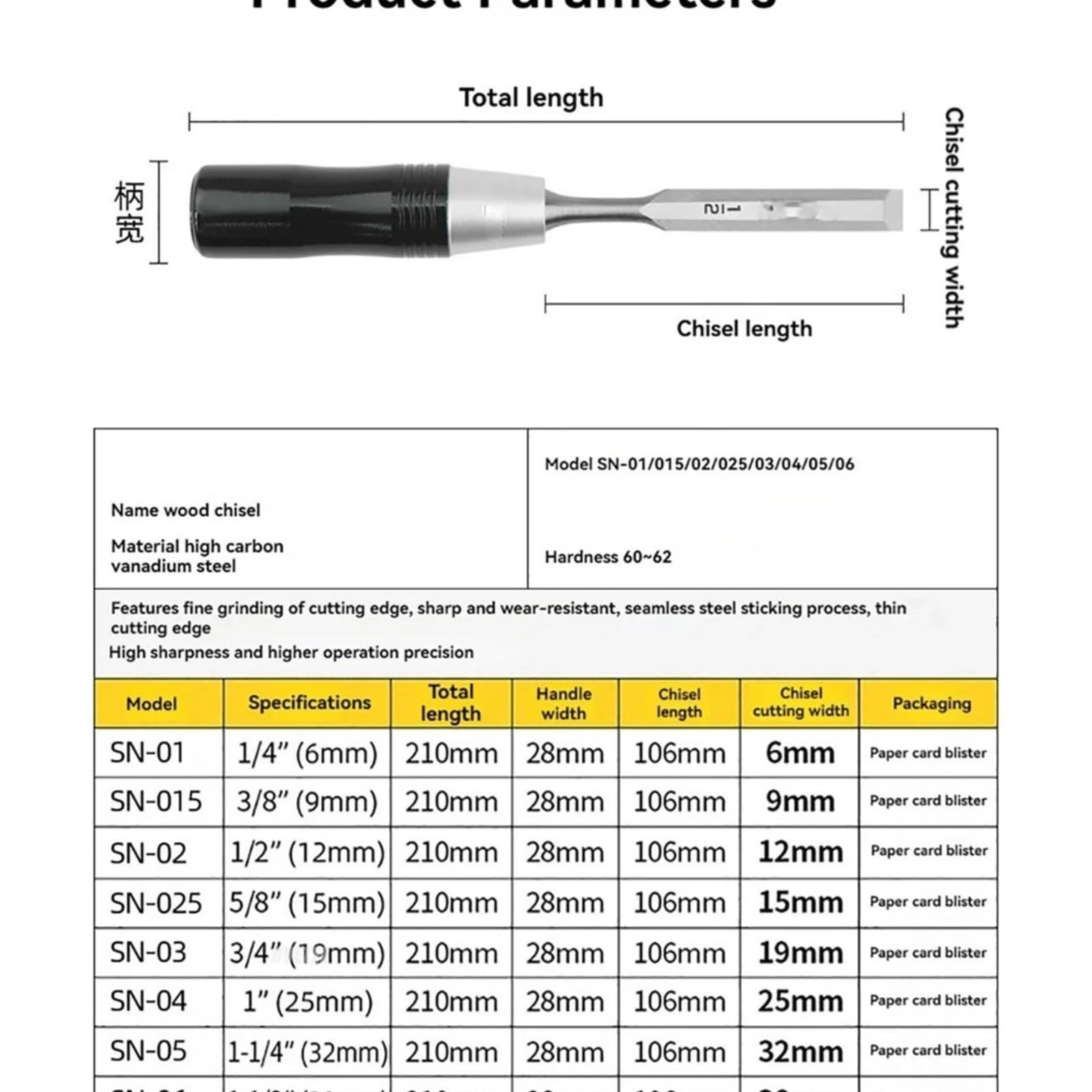 1/8 szt. Dłuto ze stali węglowo-wanadowej 60HRC do zestawu narzędzi rzeźbienia w drewnie stolarskim(32mm)