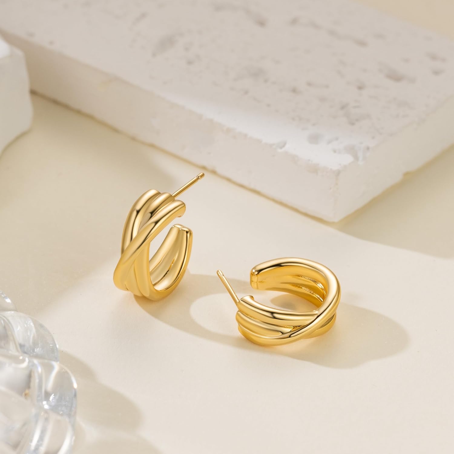 14K Gold Earrings for Women Gold Hoop Earrings Studs Striking Double X-Shaped Design Cute Hoop Earring Womens Stud Trendy 17mm