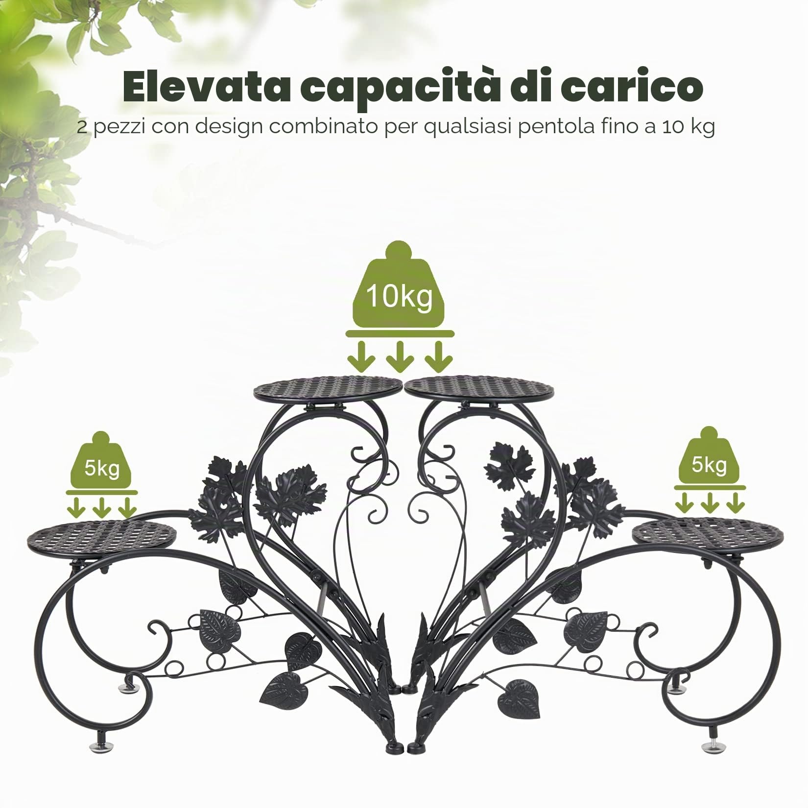 unho Porta vasi Metallico Nero: Porta Piante da interno Portapiante in Ferro Battuto da terrazzo Portavasi Retrò 4 Livelli Stand di Piante Metallo