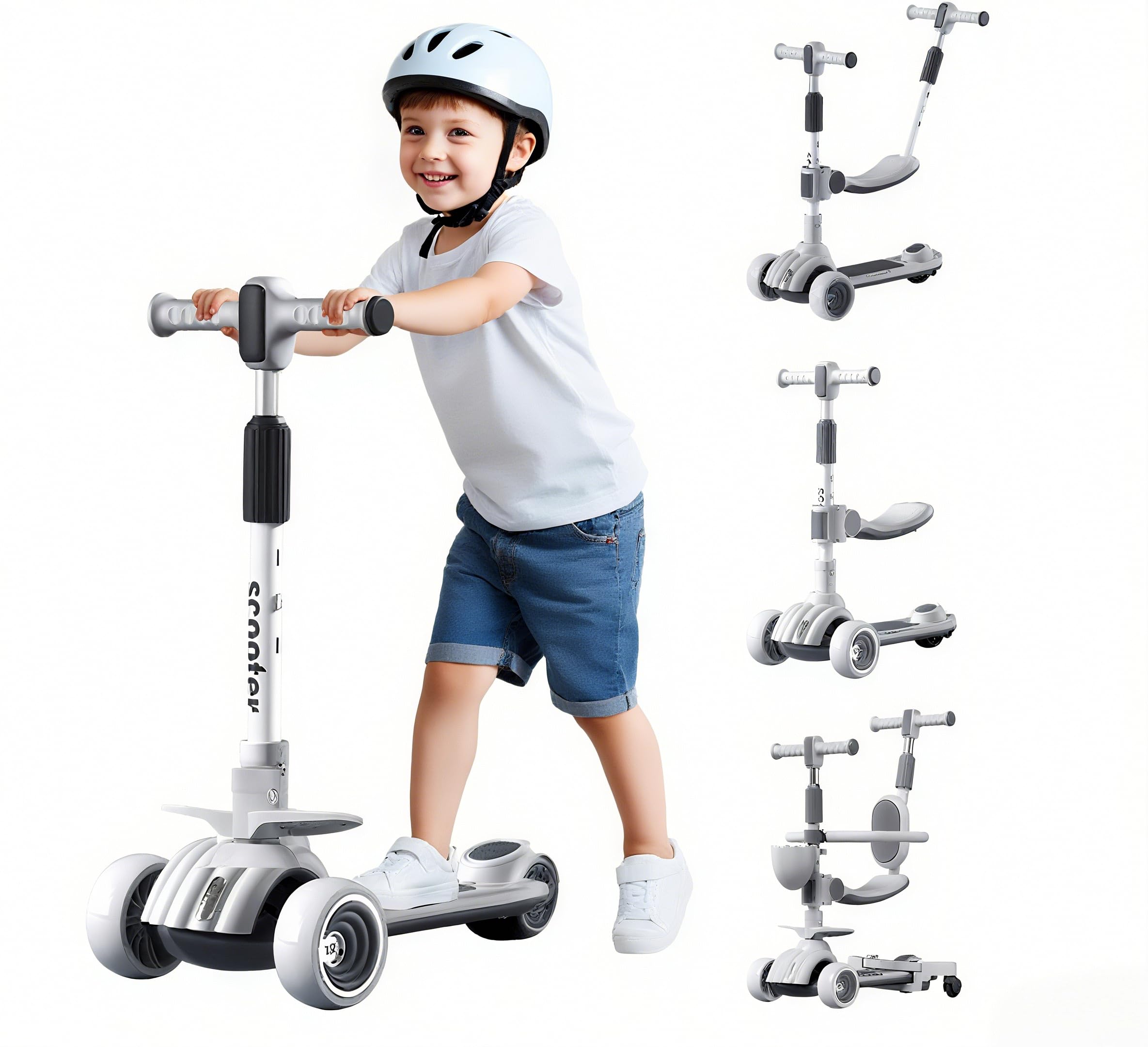 6 in 1 Scooter for 2 Year Old Children or 3 Wheels Scooter with Removable Seat Handlebar Push Handle Height Adjustable Skateboard Boy Girl