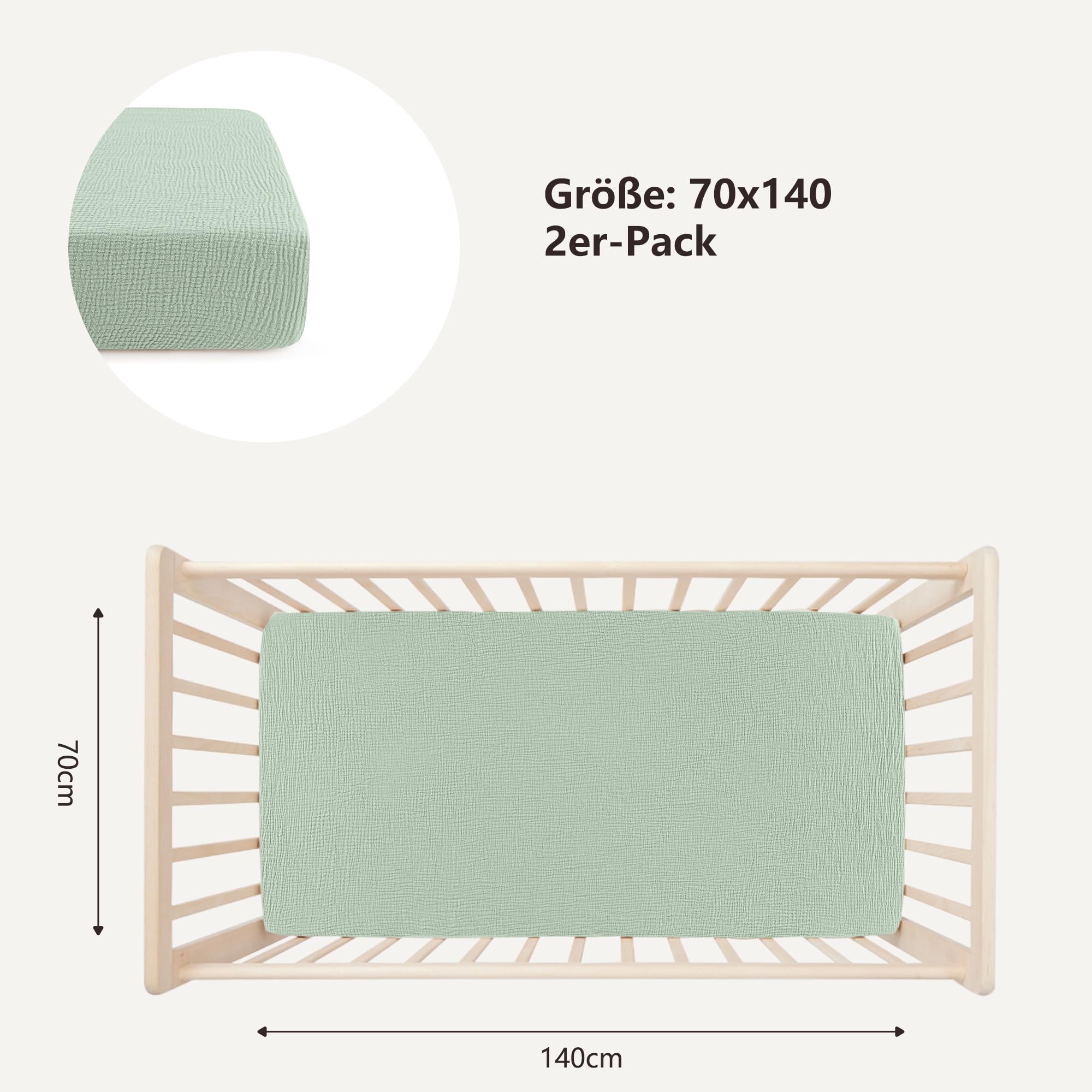Bearmoss Sábana de Muselina, 100% Algodón, para Colchón Estándar de Cuna y Colchón de Cama Infantil, 60 x 120 cm/70 x 140 cm,Sabana Bajera Cuna Ajustables para Cama Auxiliar (Verde, 70x140)