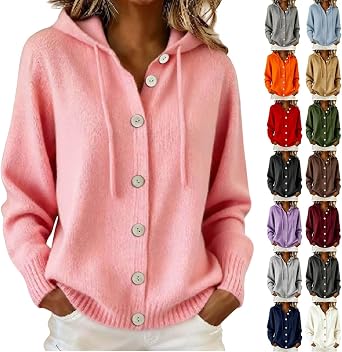 Hooded Cardigan Sweaters for Women Button Up Pullover Cute Knit Hoodies