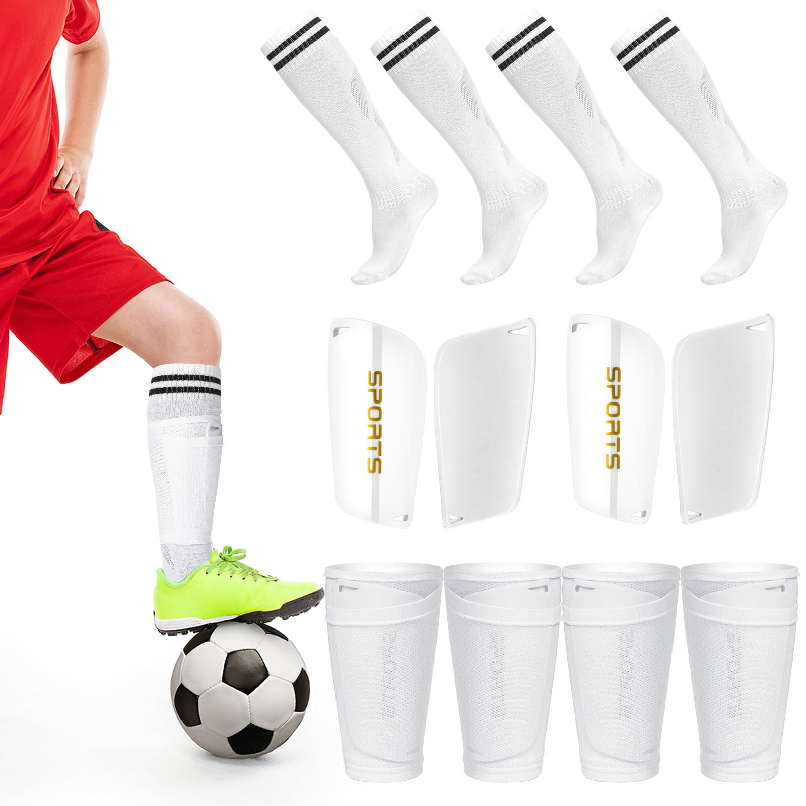 Vinsatin 2 Sets of Soccer Shin Guards Set 2 Pairs Soccer Shin Pads 2 Pairs Long Soccer Socks 2 Pairs Shin Sleeves for Adult Youth, Lightweight Soccer Equipment(M,White)
