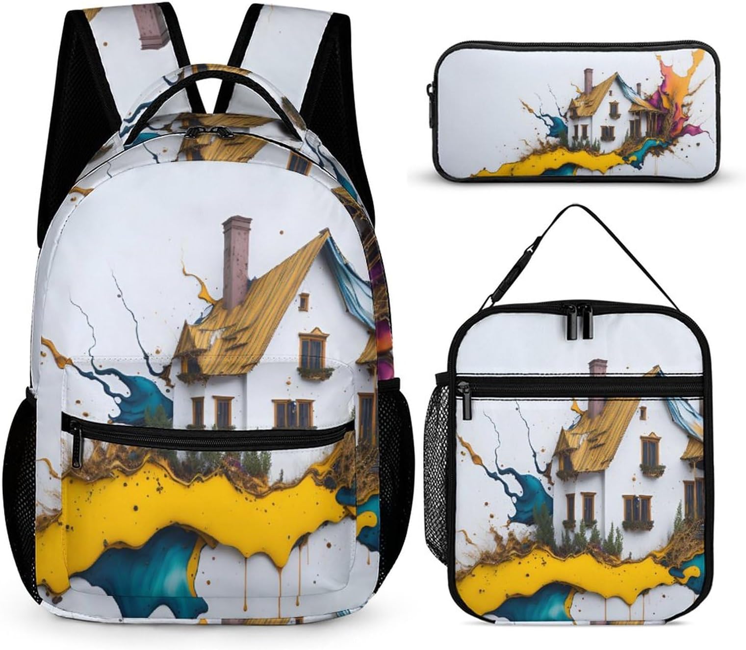 BNSSJAVS Backpack 3Pcs Set, School Bookbag Set with Lunch Box and Pencil Case for Boys Girls Teens - Mountain Man, House Art Pattern 6