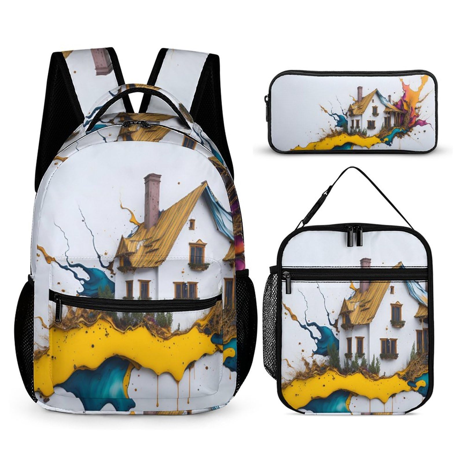 BNSSJAVS Backpack 3Pcs Set, School Bookbag Set with Lunch Box and Pencil Case for Boys Girls Teens - Mountain Man, House Art Pattern 6