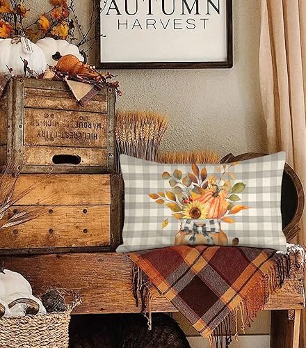 Miniatura 4 de 4TH Emotion Funda de almohada lumbar con tarro de hojas de otoño de 12 x 20 pulgadas, decoración de granja de búfalo, calabaza naranja, decoración