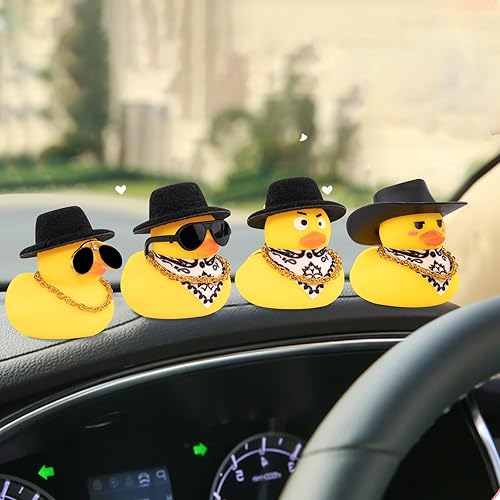 Miniatura 14 de wonuu Pato de goma para automóvil, decoración de pato amarillo con sombrero de sol, collar, gafas de sol para decoración de tablero de automóvil