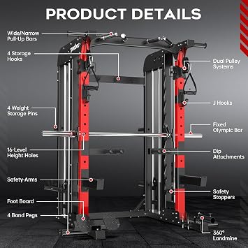 pooboo Multi-Functional Machine Power Cage, 2000LB Squat Rack, LAT-Pull Down System, Dual Pulley Cable Crossover System, Home Gym Workout Machine with Strength Training Attachments