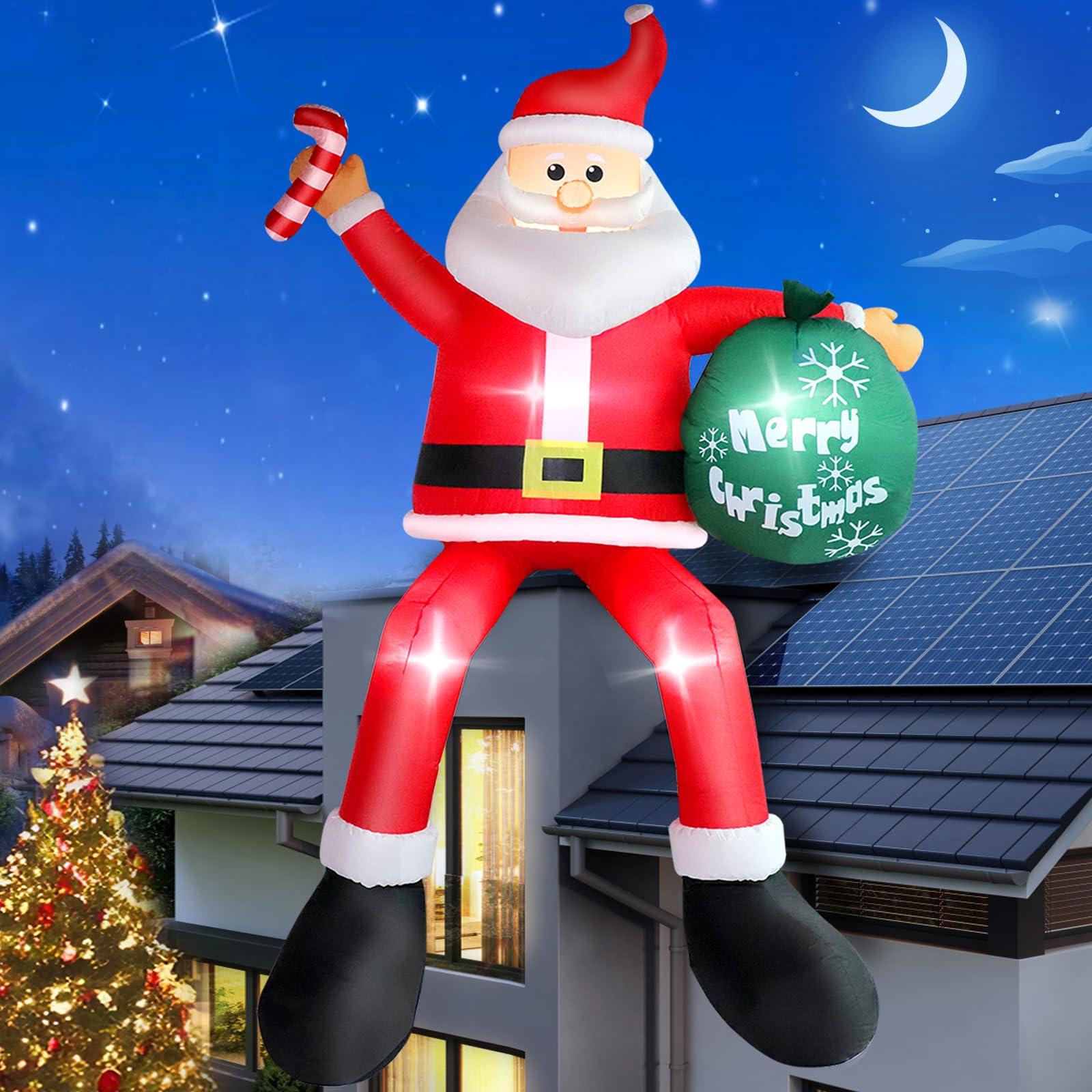 8 FT Christmas Inflatable Santa Claus Outdoor Decorations, Blow up Sitting Santa Claus with Gift Bag, Climbing Santa Carrying Present Sack Sitting on Roof, Xmas Yard Patio Bench Shrubs Indoor Decor