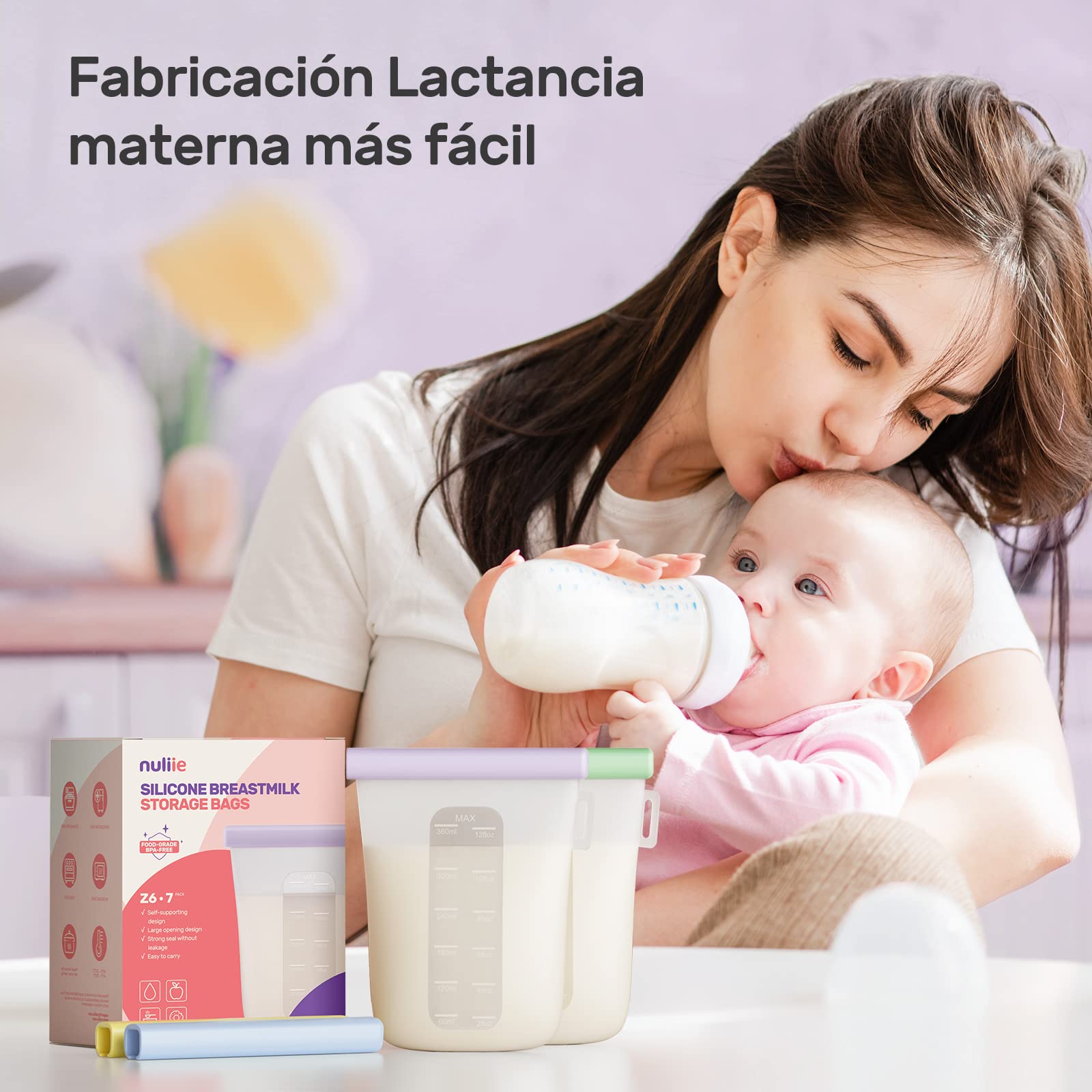 Nuliie 7 Uds Silicona Bolsas Leche Materna Reutilizable, 12oz/360ml Bolsas Leche Materna Congelar Doblemente a Prueba de Fugas, Sin BPA Autoportantes Bolsas Almacenamiento Leche Materna
