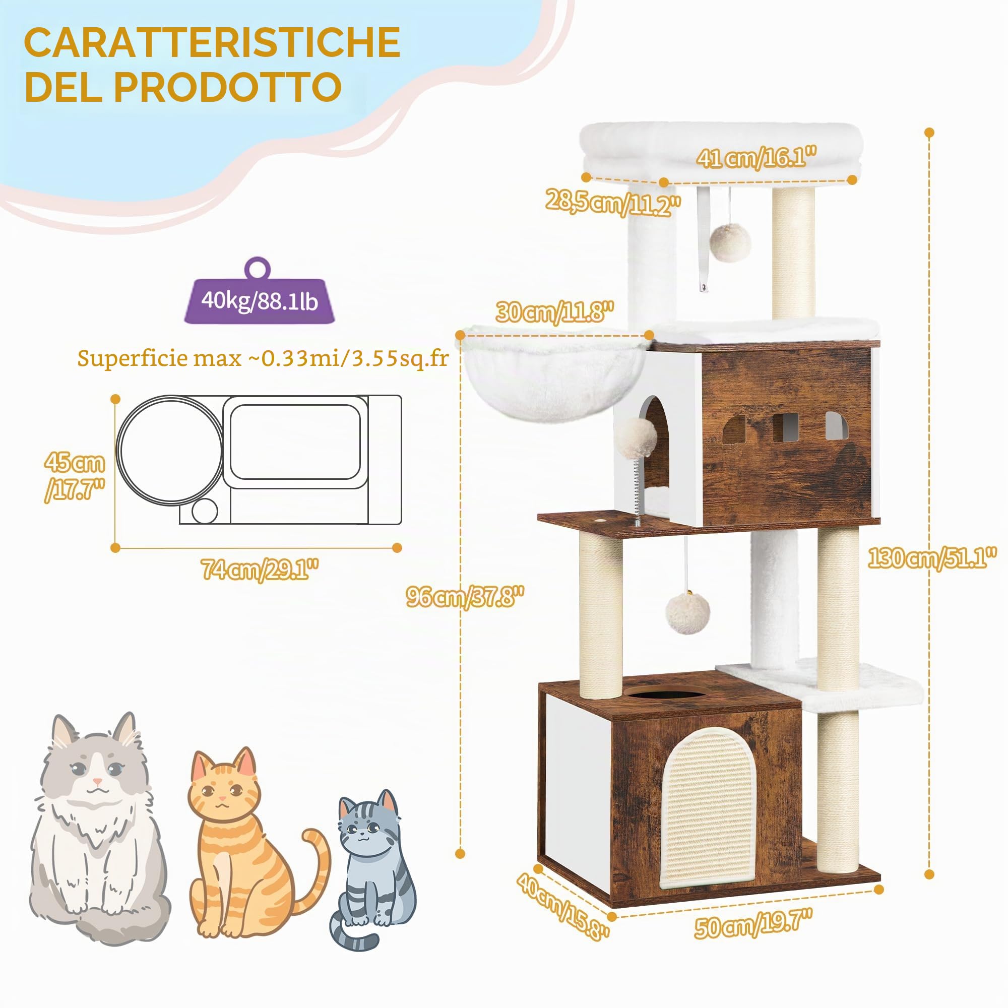 Hzuaneri 130 cm Tiragraffi, Torre per Gatti, 2 Cucce per Gatti con Letti Imbottiti, Grandi Piattaforme, Tiragraffi in Legno, Marrone Vintage MS13201WT