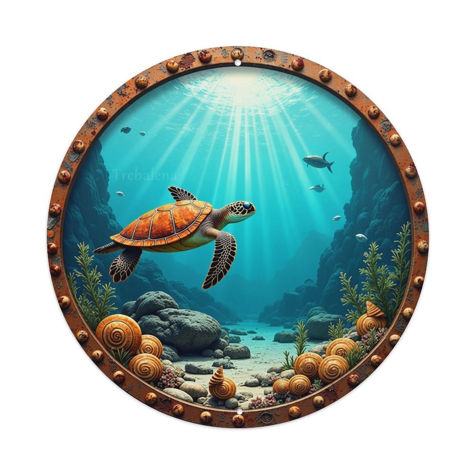 Underwater Turtle Scene With Sunlight Vintage Round Tin Sign Retro Metal Wall Decor Metal Poster, Home Bar Garage Cafe Wall Art Decoration 8x8Inches