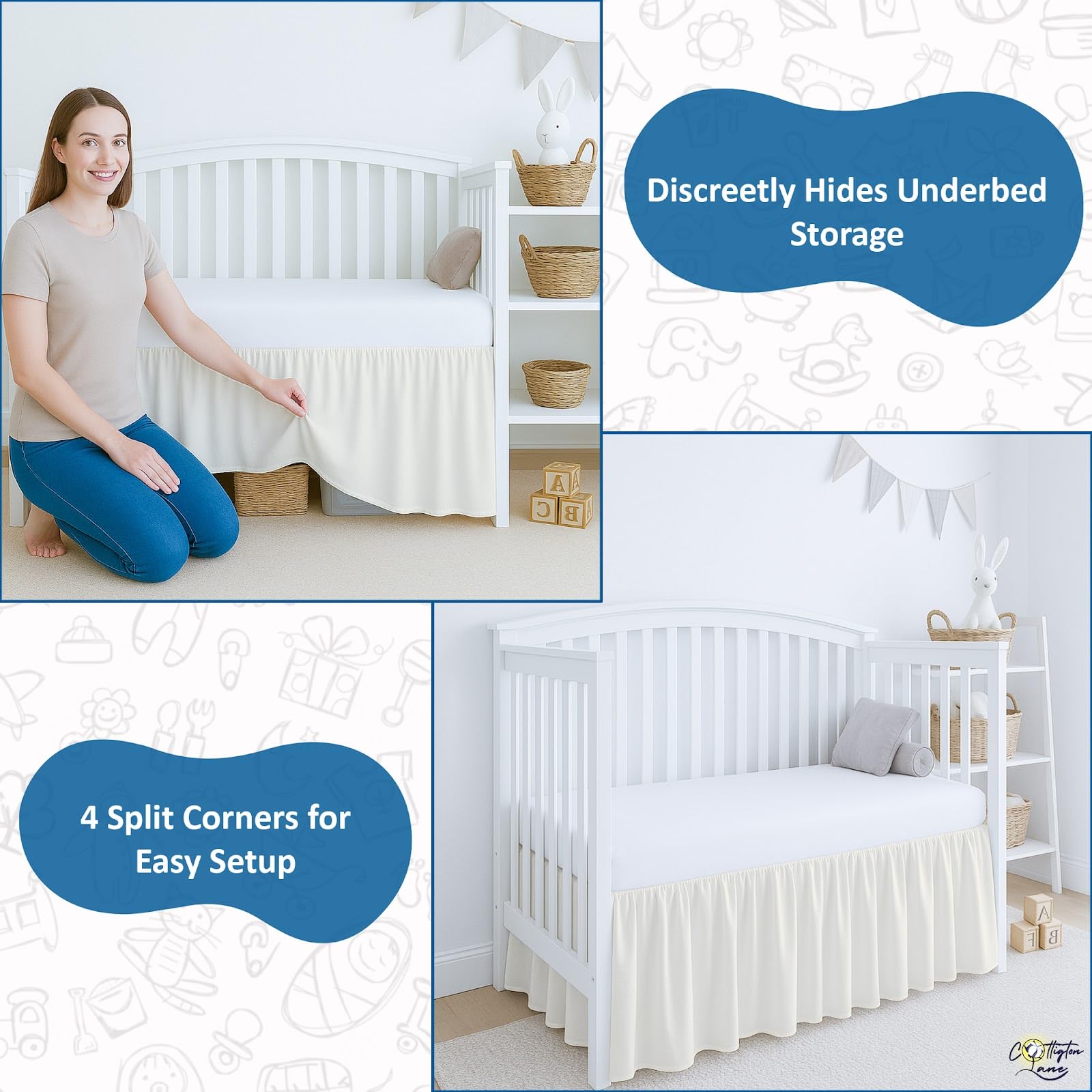 Baby Bed Monitor Linen Bed Skirt Ivory Crib Bed Skirt Dust Ruffle, Split Corner 100% Natural Cotton Nursery Crib Toddler Bedding Skirt For Baby Girls Or Boys, Infant Crib Bed Skirt Ruffle